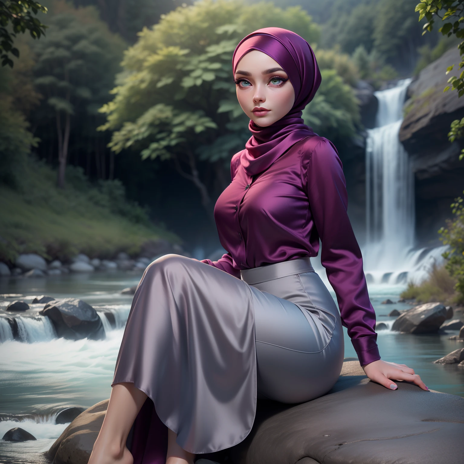 3DMM, ((Masterpiece, best quality, photography, detailed skin, realistic, photo-realistic, 8k, highly detailed, full length frame, High detail RAW color art, diffused soft lighting, shallow depth of field, sharp focus, hyperrealism, cinematic lighting, a woman in a beautifully makeup, eyeshadow, beautiful big eyes, long eye lashes, wearing (gray satin headscarf), loosely tide hijab style, ((maroon satin shirt)), satin long maxi skirt, sitting on the rock under tree, nature scene, waterfall, river