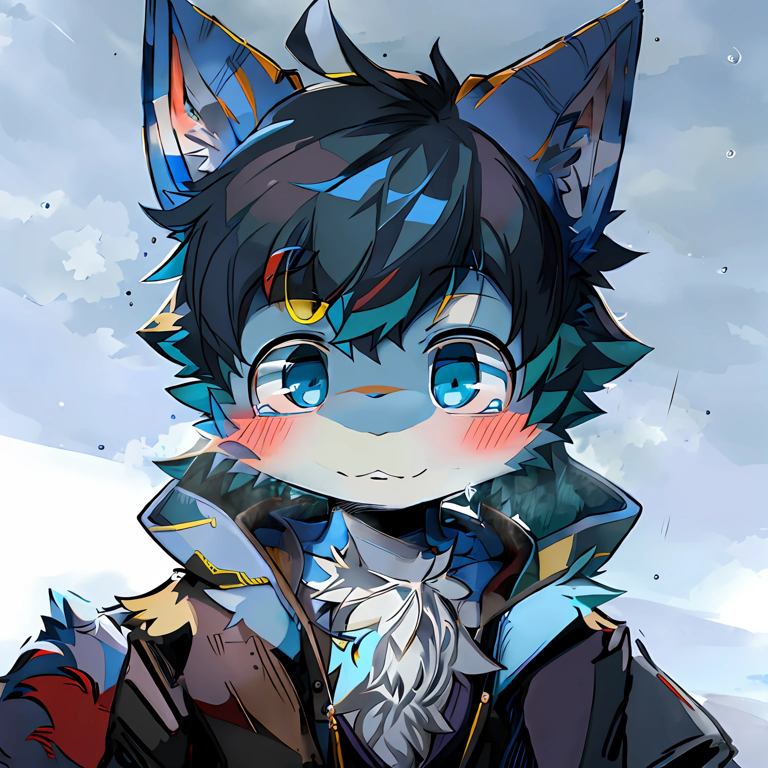 Anime - style image of a cat with blue eyes and a black coat, fursona art, furry character portrait, very very beautiful furry art, fursona furry art commission, fursona commission, fursona!!!!, furry fursona, portrait of an anthro fox, anthro portrait, Furry art!!!, Furry character, commission for high resolution, Detailed fanart,Rain background,rainbowing,portrait of zeraora,smiling expression!!!!felid,black color hair!!!!Purple pendant!!!!