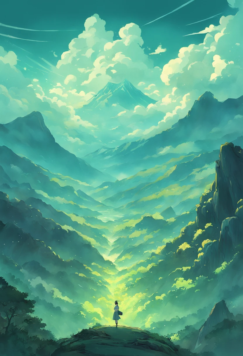 Cyan mountains, green pines, jade-like color schemes, overlay clouds