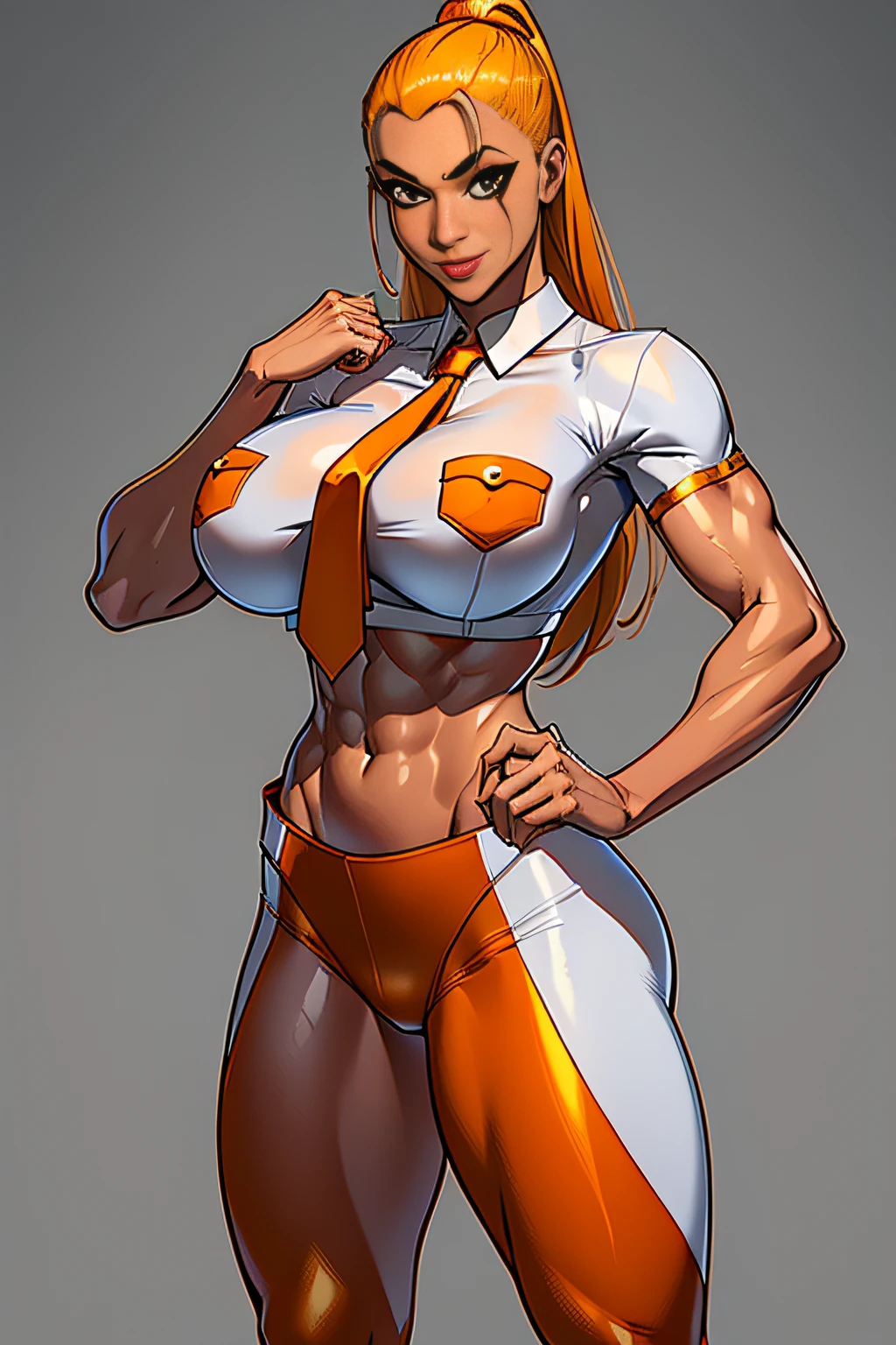 1. Alafe Street Fighter、Metallic orange and metallic silver martial arts uniform、Big breasts about to burst、Shirt with metallic white breast pockets、breasts pocket、neck tie、thin and long legs,、Pose ready to fight、Fitness Model、musculature、abdominals、Height 175cm、skin tanned、glistning skin、Cool smile、full-body view、