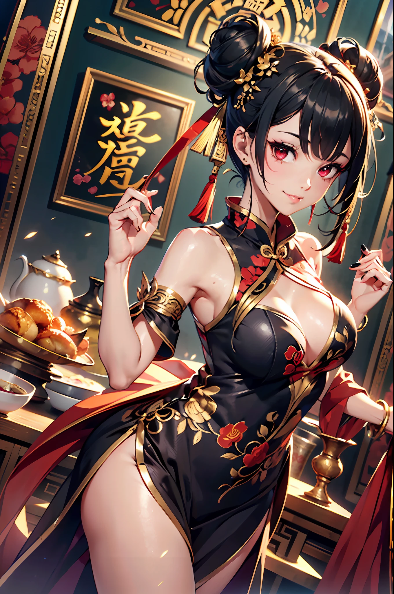 (Official art、Best Quality、Unity 8k Wallpapers、32K、masterpiece、ultra-detailliert、超A high resolution、realisitic、Photorealsitic:1.2)、(Cinematic lighting:1.2)、Fireglow effect、film grains、Best Shadows、Rim lighting、side lights、sideshot、(Ultra-detailed and complex 3D rendering)、Detailed beautiful face and eyes、A slender、Medium bust、(Full body:1.2)、 Highly detailed background、Chinese Restaurant、Carry dishes、beauitful face、blurry backround、a beauty girl、(super detailed skin、detailed skin textures:1.3)、Black hair、short-hair、Double bun、Red Eyes、Red cheongsam with gold thread embroidery、Wearing high heels、Floral hair ornament、miscievous smile、(thighs thighs thighs thighs:0.9)、dynamicposes、