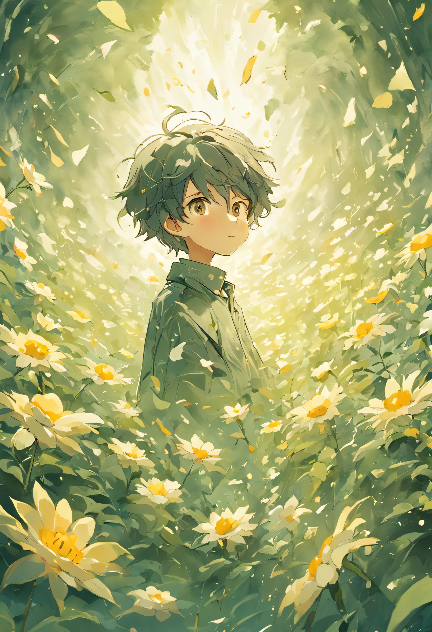 Blooming flowers flutter in the wind,The boy in the flower,Light green and silver design,Pay attention to the texture of the skin and flowers,Sony FE 12-24mm F/2.8 gm,Impressionist garden,Proficient in calligraphy,eco-friendly craftsmanship,Brush stroke exploration