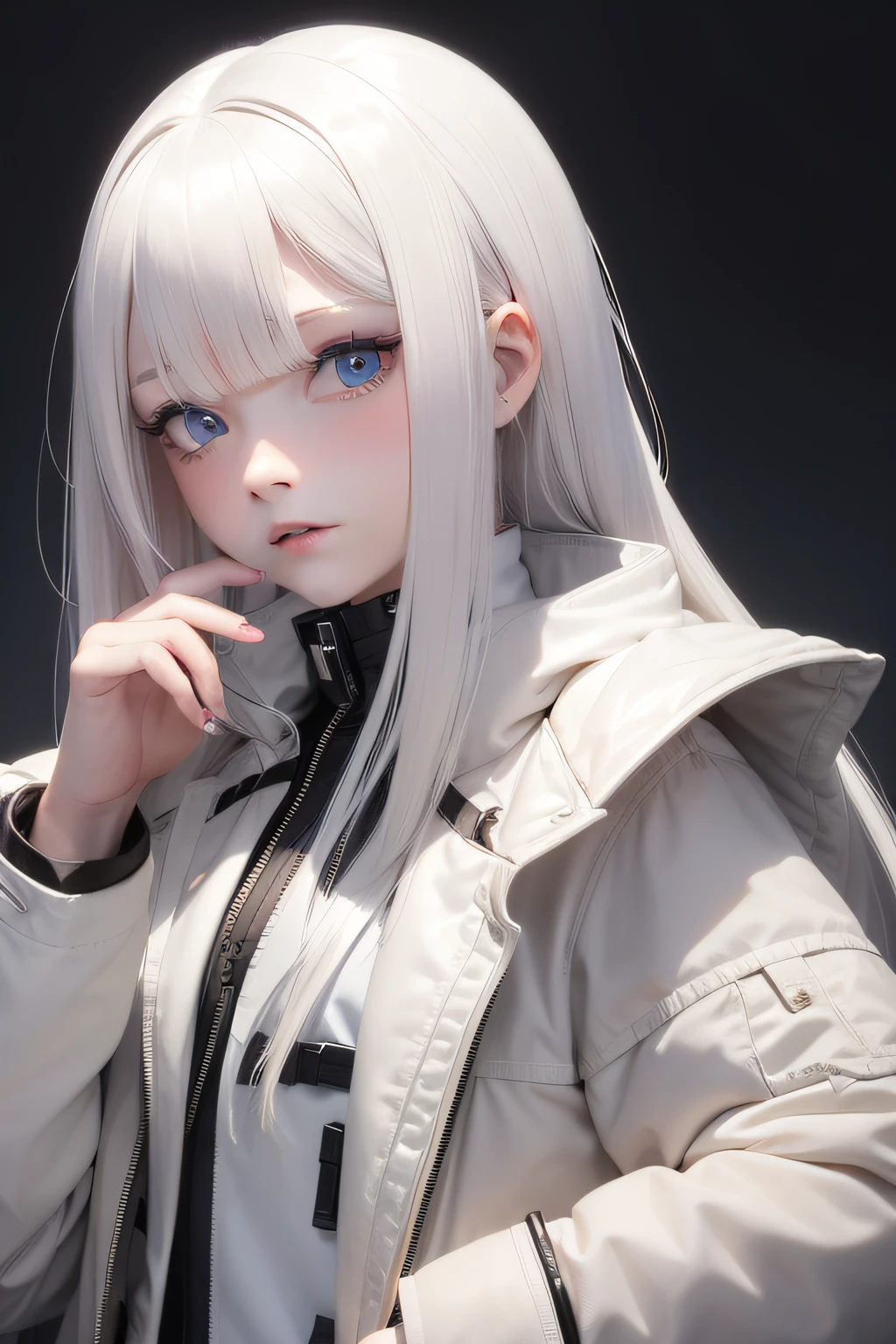 4k,realisticlying,Glamorous,The is very detailed,white super hero theme,long white hair,full bodyesbian,ssmile