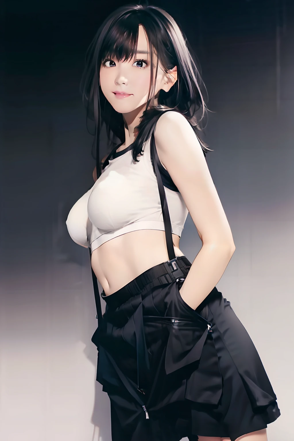 a black skirt, , Tank tops　suspenders, Long Black Hair, Gray eyes, holster, Garter belt on the legs, , Moderate breasts and tight clothes, both sides　　Behind　no-bra