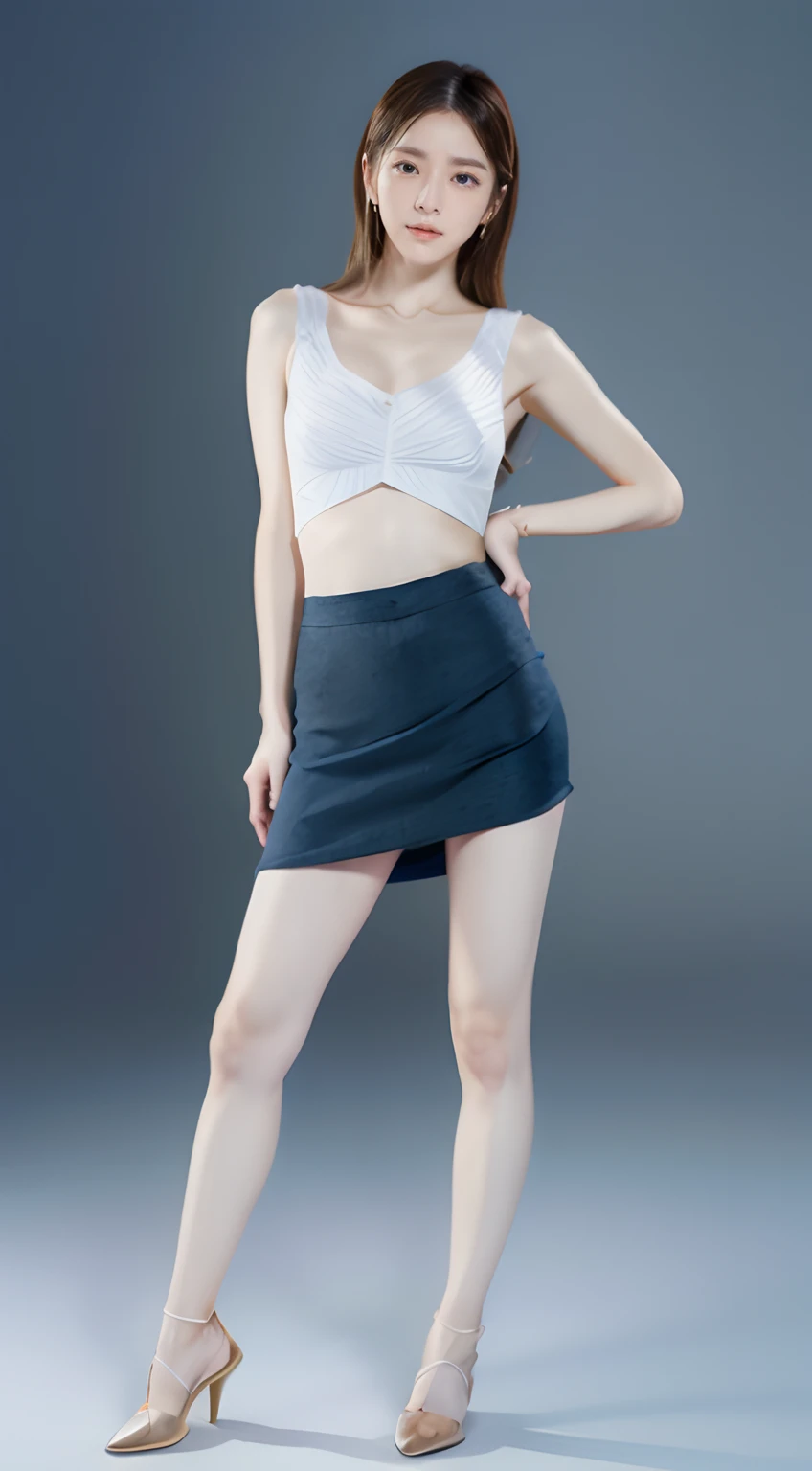 Anatomically correct body、1 girl in、(8K、Raw photography、top-quality、​masterpiece:1.2)、(realisitic、realisitic:1.37)、ultra-detailliert、((The big picture from head to toe、Full body shooting with a miniskirt))realistic eyes and face details、Realistic and natural skin texture、Dark eyebrows、(thighs thighs thighs thighs、groin、an legs)、Manstreak、open one's legs、abdominals、decolletage、Fair skin、A detailed face、真实感、Realistic background、Realistic lighting、Sweaty skin