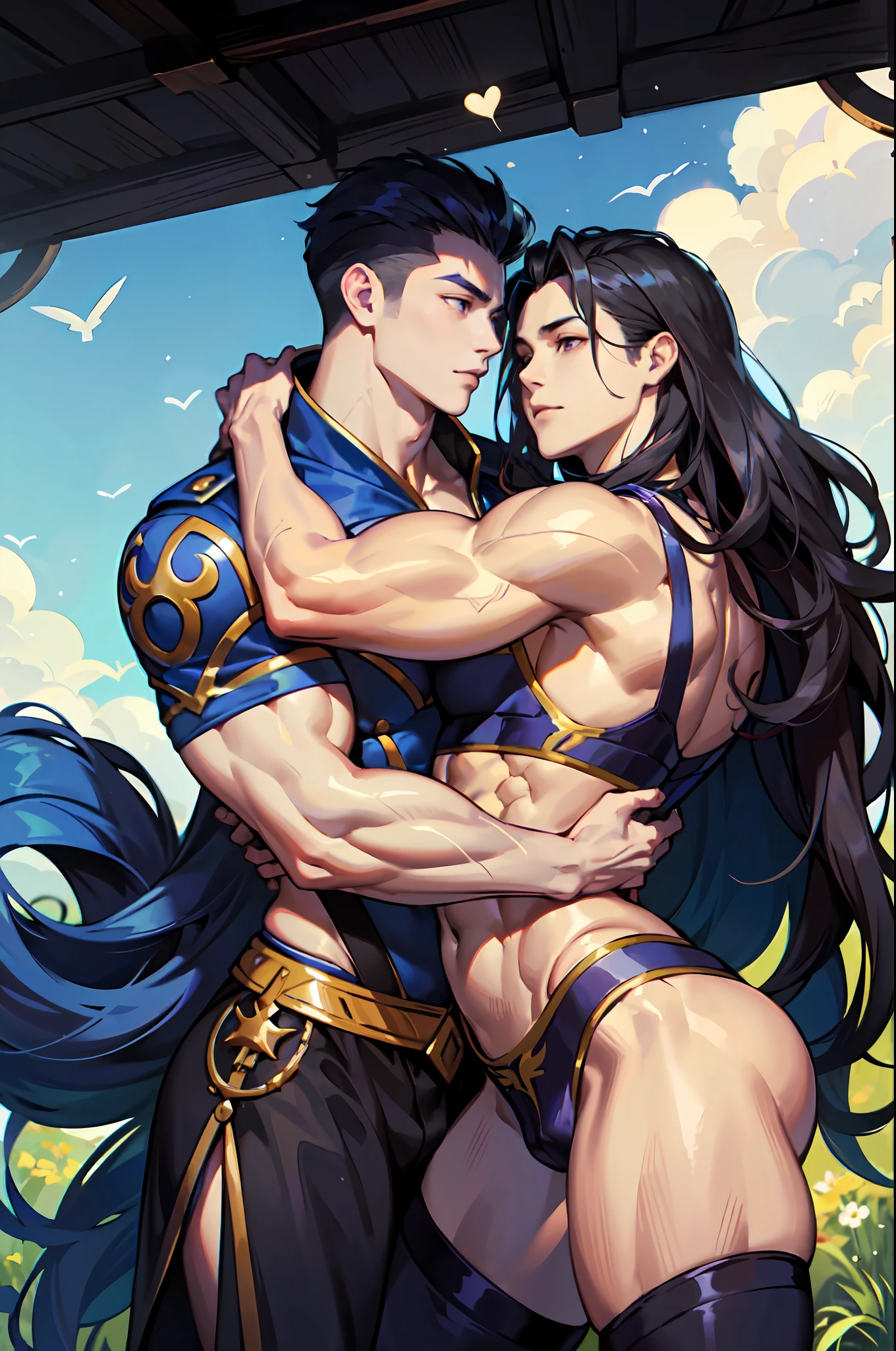 realistic, ((1man muscular male:1.4), (long face, craggy face),(purple eyes, (drooping eyes:1.3)), (wevy hair, long darkblu hair:1.3), 
(2guys, big shoulders, trapezius, ABS, abs, big muscular ass, big crotch, thighs, strong muscles, long hair, long face, wavy hair, hugging, gay),portrait),Warriors and wizards, a world of fantasy,