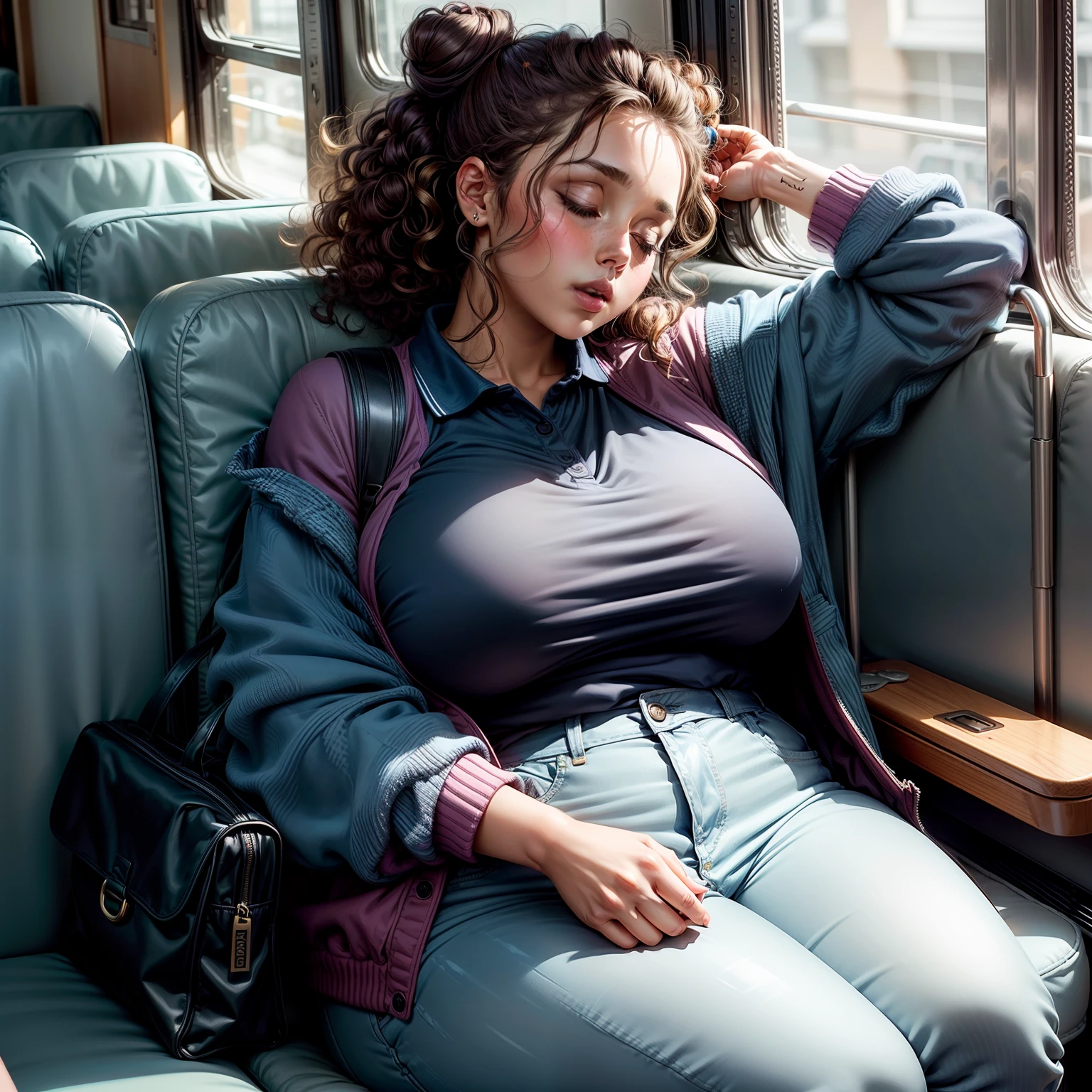 1 beautiful woman, sleeping with her mouth open, lips open, sleeping sitting on the bus seat, curly hair, all hair tied up with a hair clip in a single bun, open jacket polo shirt with little gold circles on the shoulders, wide, blue bag, curvy woman; chubby woman, full body view,outlined eyes, blue jeans, eyes closed, head resting on seat, sitting near window, head side down.