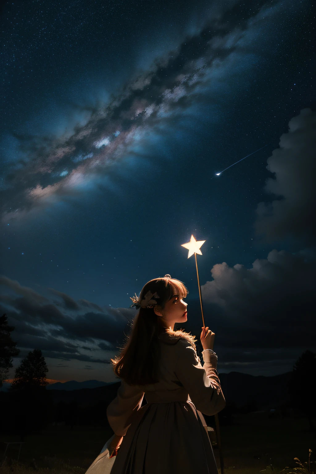 Girl holding fairy stick under the stars