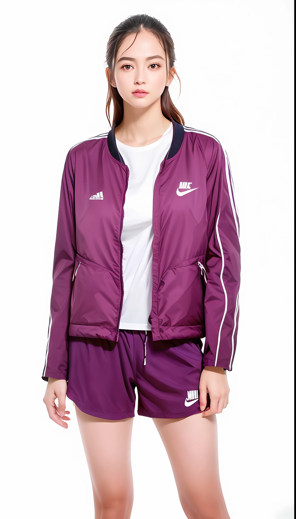 A beautiful woman in purple shorts and white shirt stands in front of a white background, Purple jacket, roupas esportivas, capa de chuva roxa, roupas esportivas, jaqueta esportiva, vestindo terno de atletismo, Fato de ciclismo Nike, um casaco esportivo roxo, medium detail, 5 mil, 5k, Foto do perfil, Oeste roxo, fotografia de close-up, 2 mulheres techwear, fotografiarrealista, fotografia, obra-prima, realista, Realismo, renderizado, Alto contraste, Arte Digital, fotográficorealista, trend in Artstation 8k HD, high definiton, circunstanciado, Realistic, detalhada, textura da pele, hiperdetalhada, Textura realista da pele, melhor qualidade, ultra high-resolution, (fotografiarrealista: 1.4), alta resolução, detalhada, fotografia crua, sharp resolution, Nikon D850 filmes, fotografia de stock 4, Kodak Portra 400 Camera F1 Lens.6, textura hiper realista, lighting dramatic, Unrealistic trend in Artstation Cinestill 800, .RAW. Directed by: Lee Jeffries.