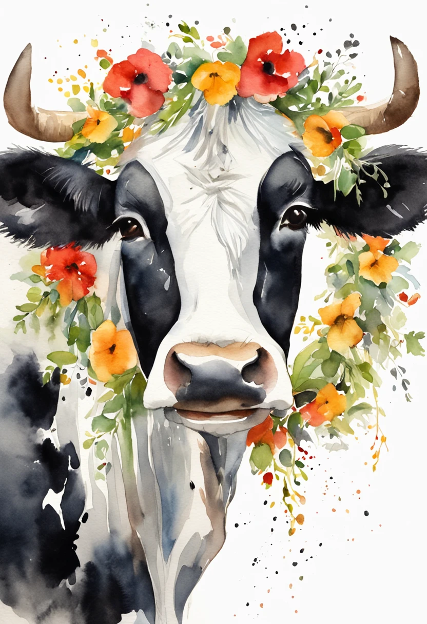 A cute American cow，A bright wreath is worn on his head，