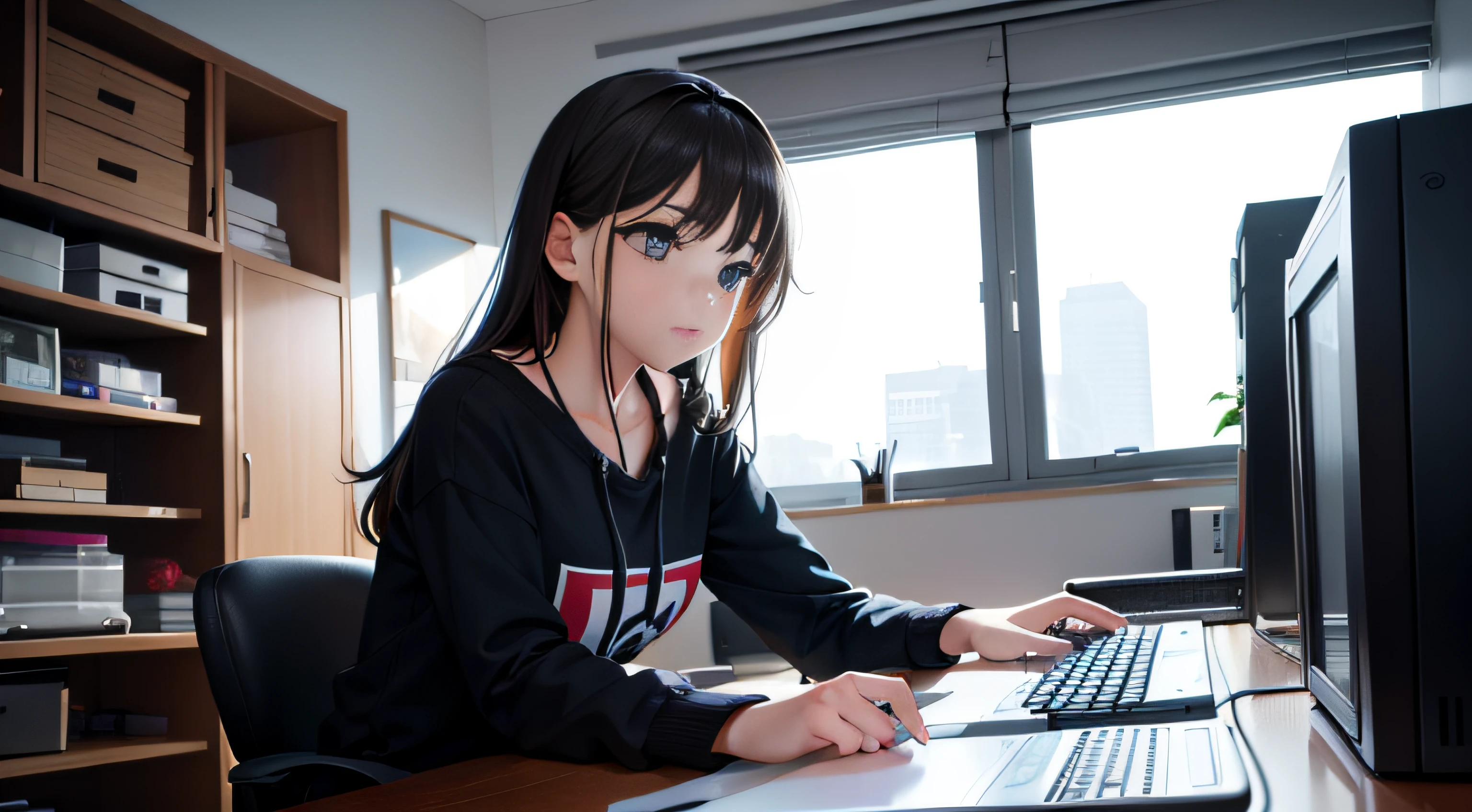 Girl assembling computer，Casual，earnestly
