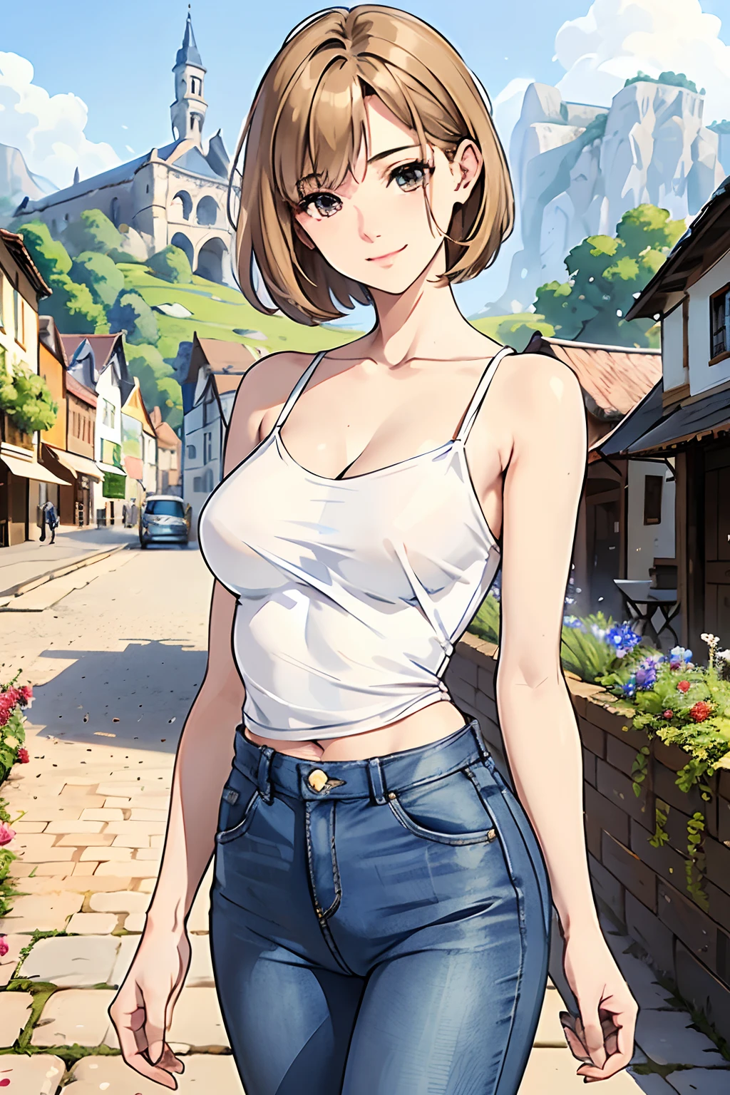 Blue jeans, white top, dry clohtes, young adult, European face structure, 18 years, brown eyes beautiful brown eyes, short hair, brown blond hair, happy expression, big smile, mid sized chest, 5.2 feet tall, petite, less skin, masterpiece, european village background, nature background, old street background