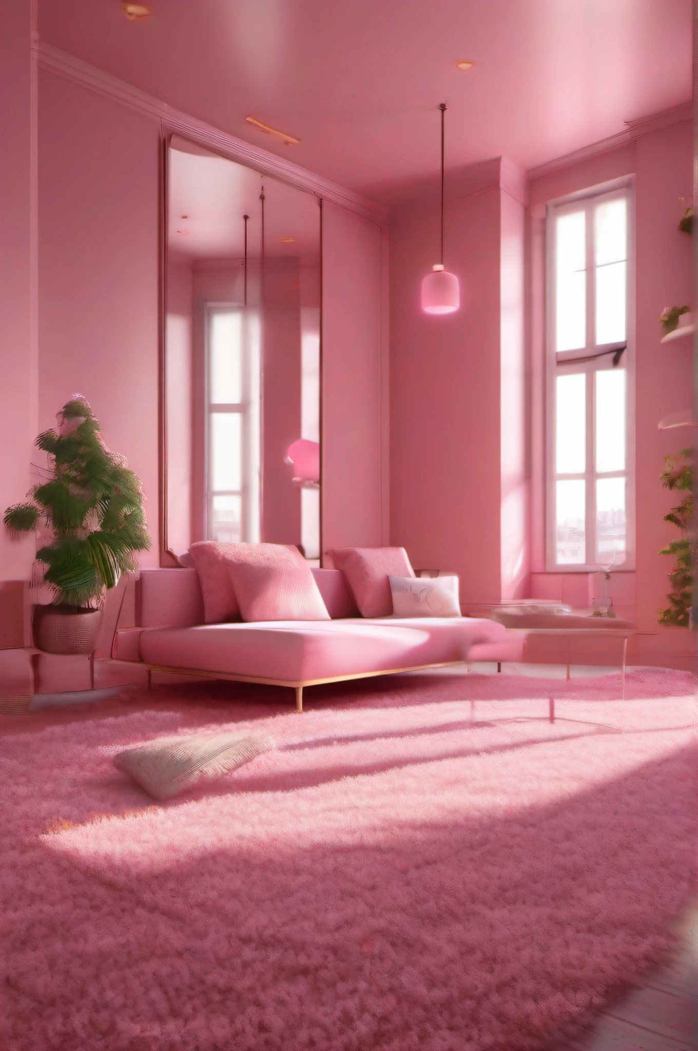 There was a pink room,There was a dresser and a comfortable chair, Dressing mirror,mirrors,The ceiling is staggered with spotlights,Indoor lamps,Spotlights,with soft pink colors, brightly lit pink room, pink zen style, pink hues, minimal pink palette, pastel pink, heaven pink, Pink clothes, Pink pastels, Rendered in V-Ray, Pink vibe, rendered in vray, pink hues, pink scheme, render vray, vray 8k render,Pale pink pile carpet,Laid on the ground,carpets,