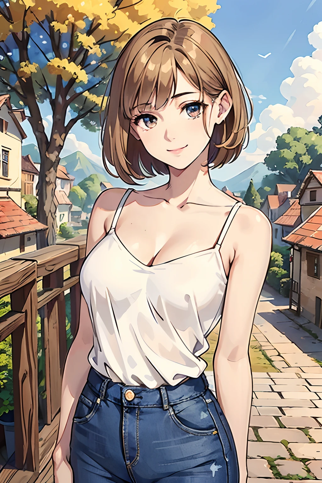 Blue jeans, white top, young adult, European face structure, 18 years, brown eyes beautiful eyes, short hair, brown blond hair, happy expression, big smile, mid sized chest, 5.2 feet tall, petite, less skin, masterpiece, european village background, nature background, old street background