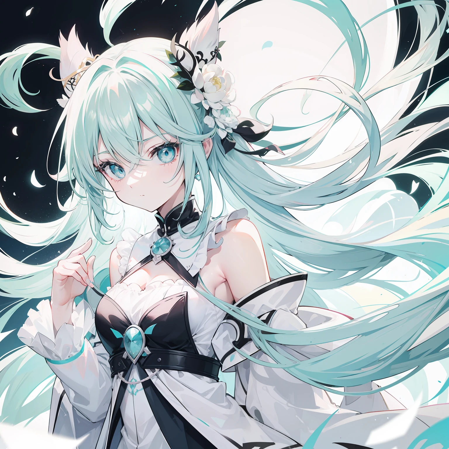 Long light pink green hair，light blue  eyes，High black and white lotus-shaped collar，Black and white clothes，Cool and cute soft girl