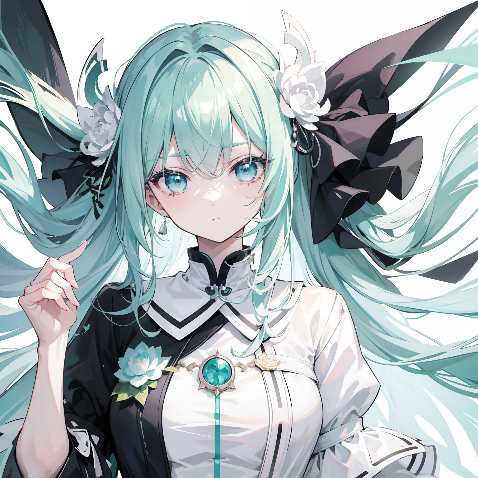 Long light pink green hair,light blue eyes,High black and white lotus-shaped collar,Black and white clothes,Cool and cute soft girl