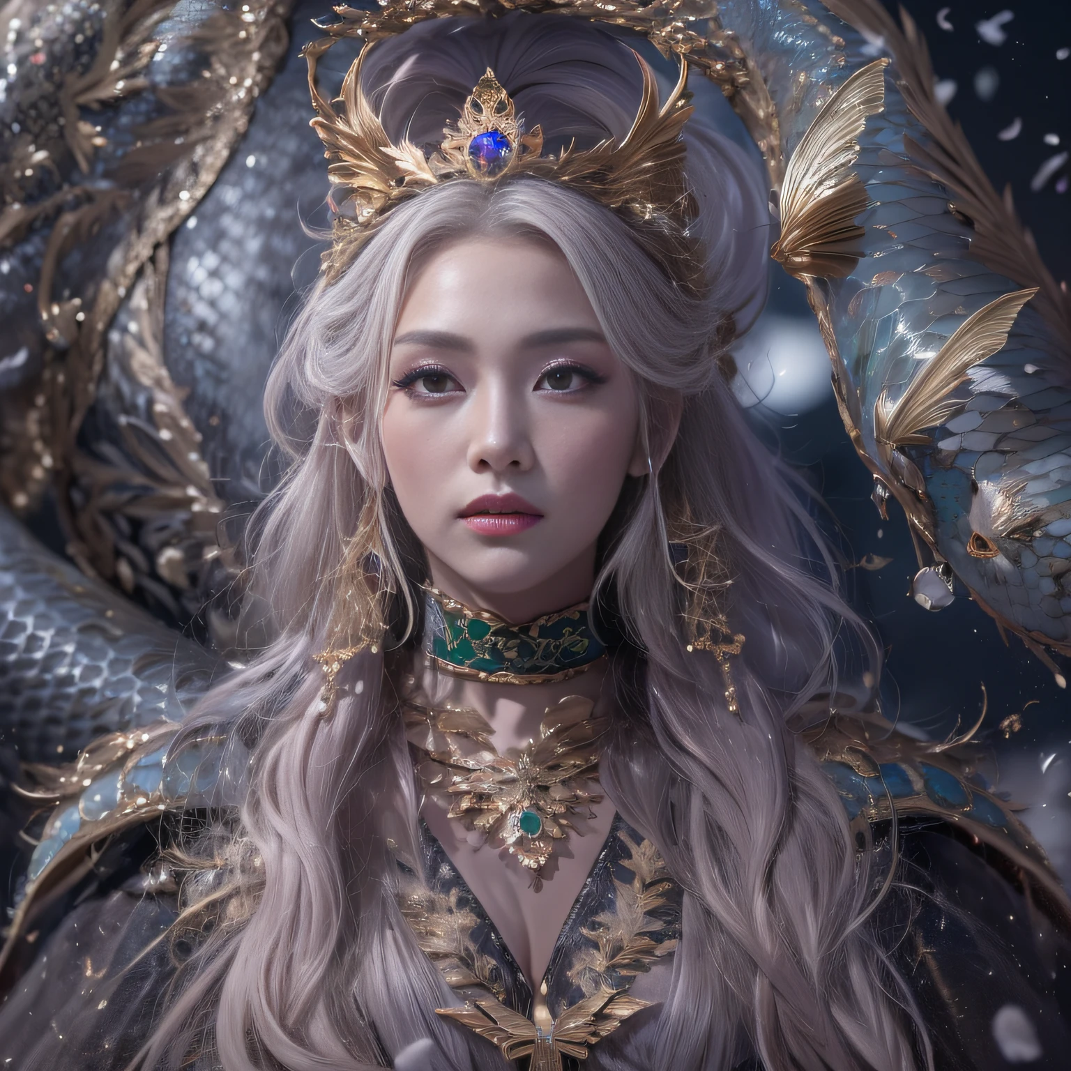 32K(tmasterpiece,k hd,hyper HD,32K)Purple-pink flowing hair,Gold jewelry area in the back room,King Girl ,Green Bronze Dragon Protector (realisticlying:1.4),Python pattern robe,Purple-pink tiara,Snowflakes fluttering,The background is pure,Hold your head high,Be proud,The nostrils look at people, A high resolution, the detail, RAW photogr, Sharp Re, Nikon D850 Film Stock Photo by Jefferies Lee 4 Kodak Portra 400 Camera F1.6 shots, Rich colors, ultra-realistic vivid textures, Dramatic lighting, Unreal Engine Art Station Trend, cinestir 800,Hold your head high,Be proud,The nostrils look at people,Tsundere,Snowflakes fluttering,Snowflakes fluttering,Snowflakes fluttering,Snowflakes fluttering,Impeccable,Exaggerated and unfounded feelings about one's own importance and talents (pompous). Focus on unlimited butterfly fantasies, influencer, power, information, Beauty, Or perfect love. Attributed to the special and unique,Only the highest quality people should be associated