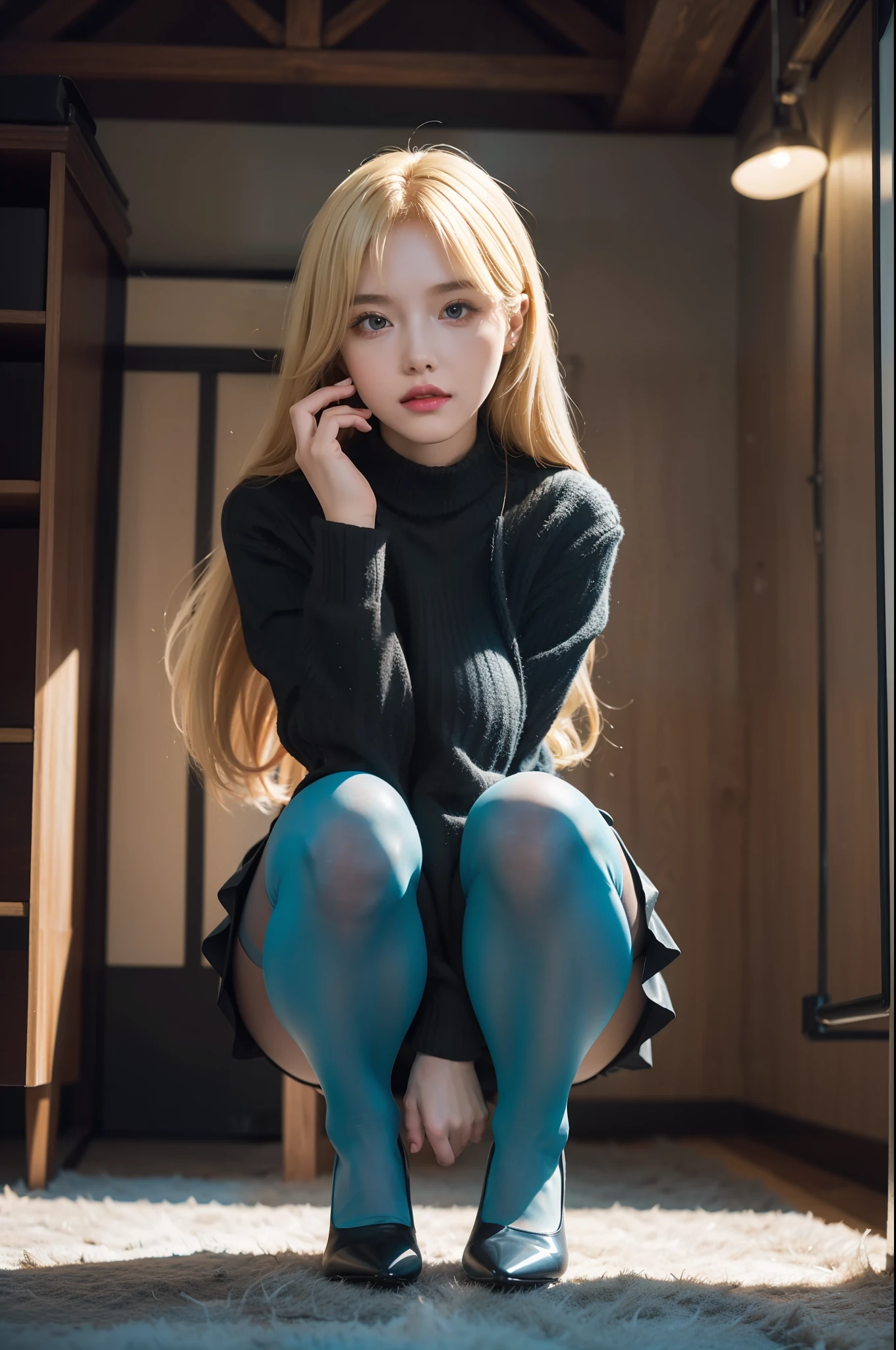 (full body:1.5),(1girl:1.3),(view the viewer:1.4),(anatomy correct:1.4),(Opaque Cyan pantyhose and pointed thick heels :1.3),(Squat down in mid air:1.2),(Wearing a Checkered high waisted skirt:1.2),(Extra Long blonde Hair:1.2),(Accurate and perfect face:1.3),(Long legs:1.3),hyper HD, Ray traching, reflective light, structurally correct, Award-Awarded, high detail, lighten shade contrast, Face lighting ,cinematic lighting, masterpiece, super detailing, high quality, high detail, best quality, 16k,High contrast,