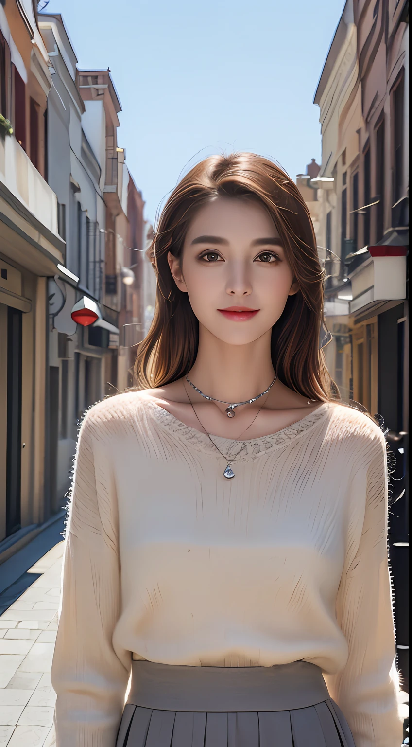 ((Building Street、Realistic light、top-quality、8K、​masterpiece:1.3))、1girl in、A slight smil、Slim Beauty:1.4、brown haired、Grey knitted shirt、Red bean-colored long skirt、Thin Silver Necklace、A detailed eye、zoomout
