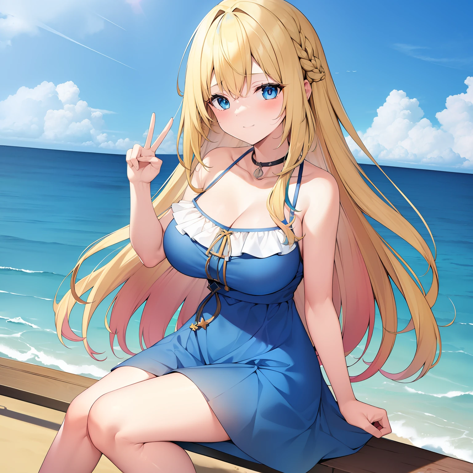 (multicolored hair+blonde hair:1.3+blue eyes:1.2), (floating dress), peace sign with both hands, (thighs), large bust, sea, beach, evening.