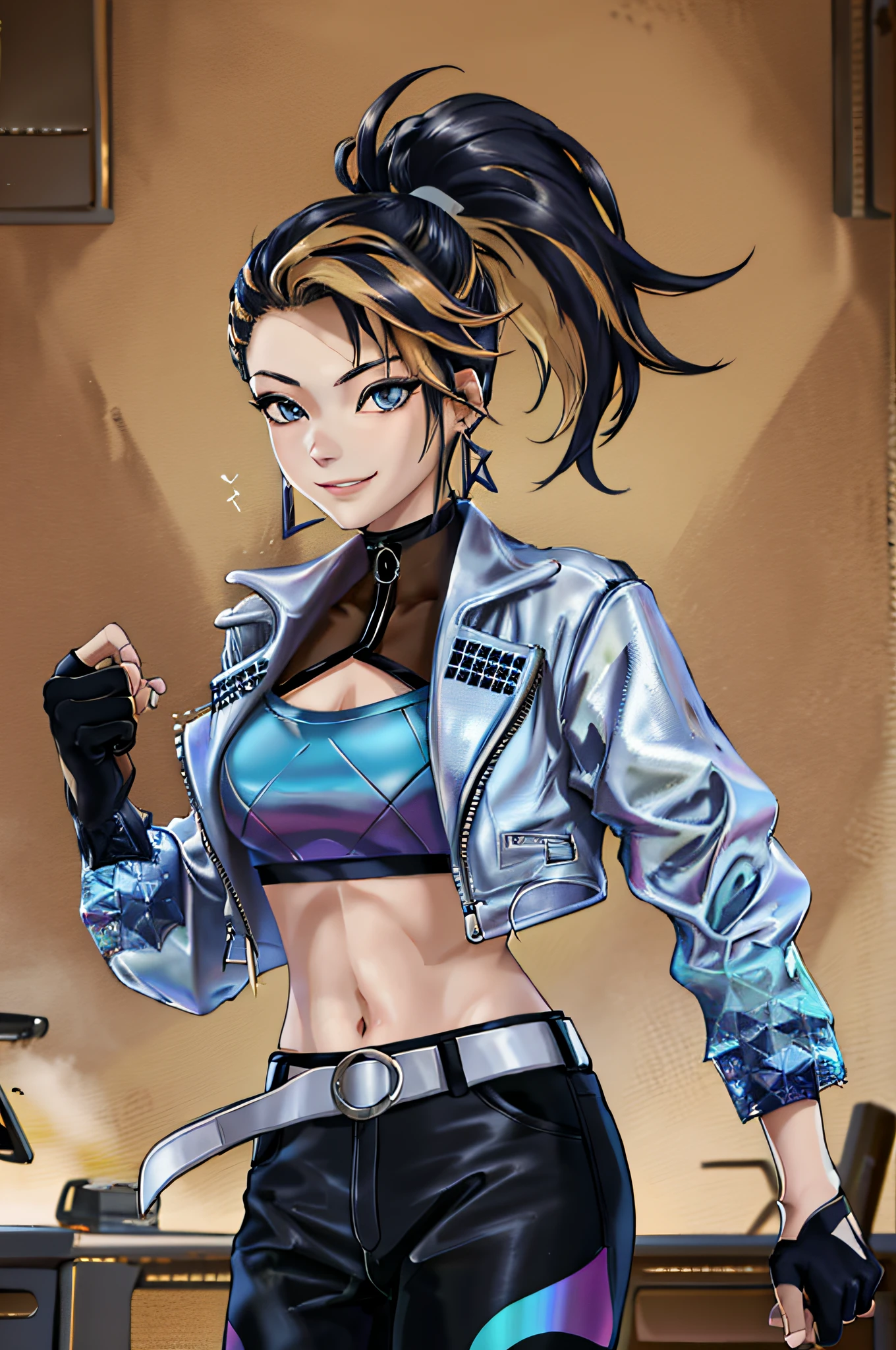 masterpiece, best quality, highres, akali, 1girl, k/da \(league of legends\), solo,  (black hair:1.1), blonde hair, (multicolored hair:1.1), jewelry, fingerless gloves, cropped jacket, midriff, earrings, two-tone hair, open jacket, black gloves, black pants, crop top, blue eyes, belt buckle, ponytail, cowboy shot, evil smile,