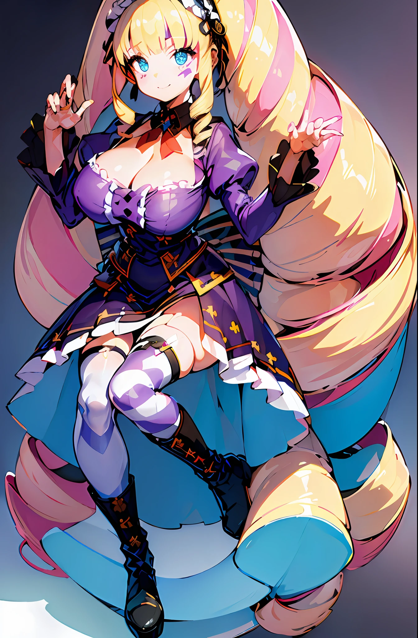 (dwu:1.5),(masterpiece, top quality, best quality, official art:1.2), 1girl, solo,fullbody, blue eyes,(facial mark:1.5),Teasing smiley eyes, (big drill twin hair:1.5),drill sidelocks,multicolored hair,multicolored bangs,blonde and pink hair,frilled hairband, cleavage,big tits, purple dress,sleeves,frill,boots,Asymmetrical thighhighs,white and purple pattern thighhighs,a belt on the thighhigh,standing