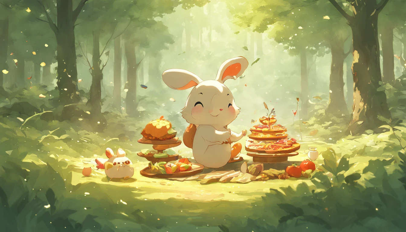 （Bunny、Little squirrels enjoy a sumptuous dinner in the forest）, barbecue, Bake naturally, the fruits, delicacies，ln the forest, A small dinner in the summer forest, Delicious picnic 3d render stylized，Cute 3d render，3D rendering official art，Stylized anime，Polycount competition winner，Render baking