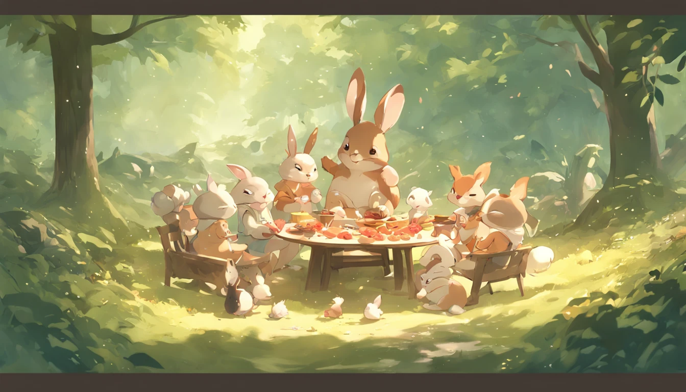 (Bunny、Little squirrels enjoy a sumptuous dinner in the forest), barbecue, Bake naturally, the fruits, delicacies,ln the forest, A small dinner in the summer forest, Delicious picnic 3d render stylized,Cute 3d render,3D rendering official art,Stylized anime,Polycount competition winner,Render baking