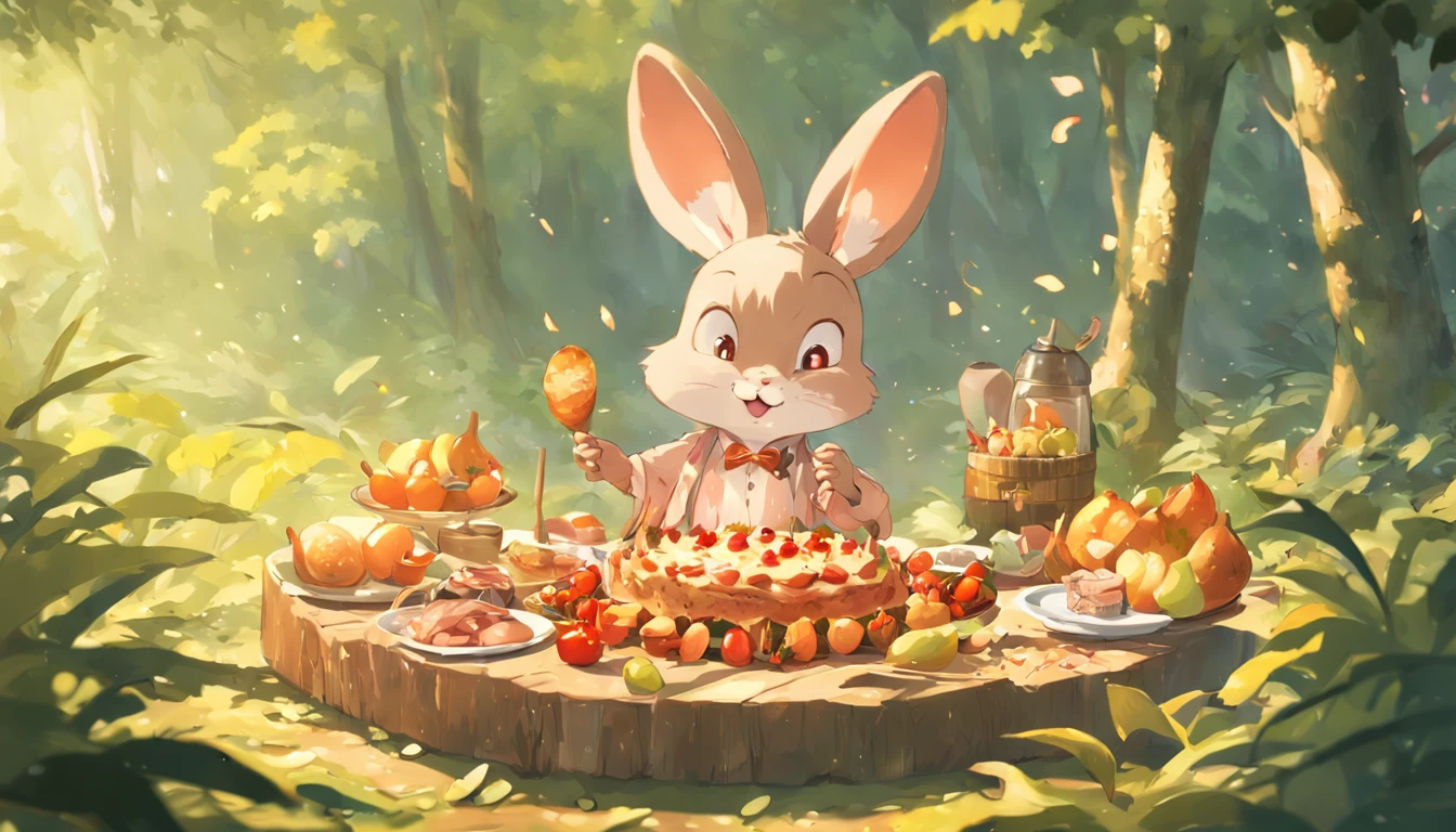 （Bunny、Little squirrels enjoy a sumptuous dinner in the forest）, barbecue, Bake naturally, the fruits, delicacies，ln the forest, A small dinner in the summer forest, Delicious picnic 3d render stylized，Cute 3d render，3D rendering official art，Stylized anime，Polycount competition winner，Render baking