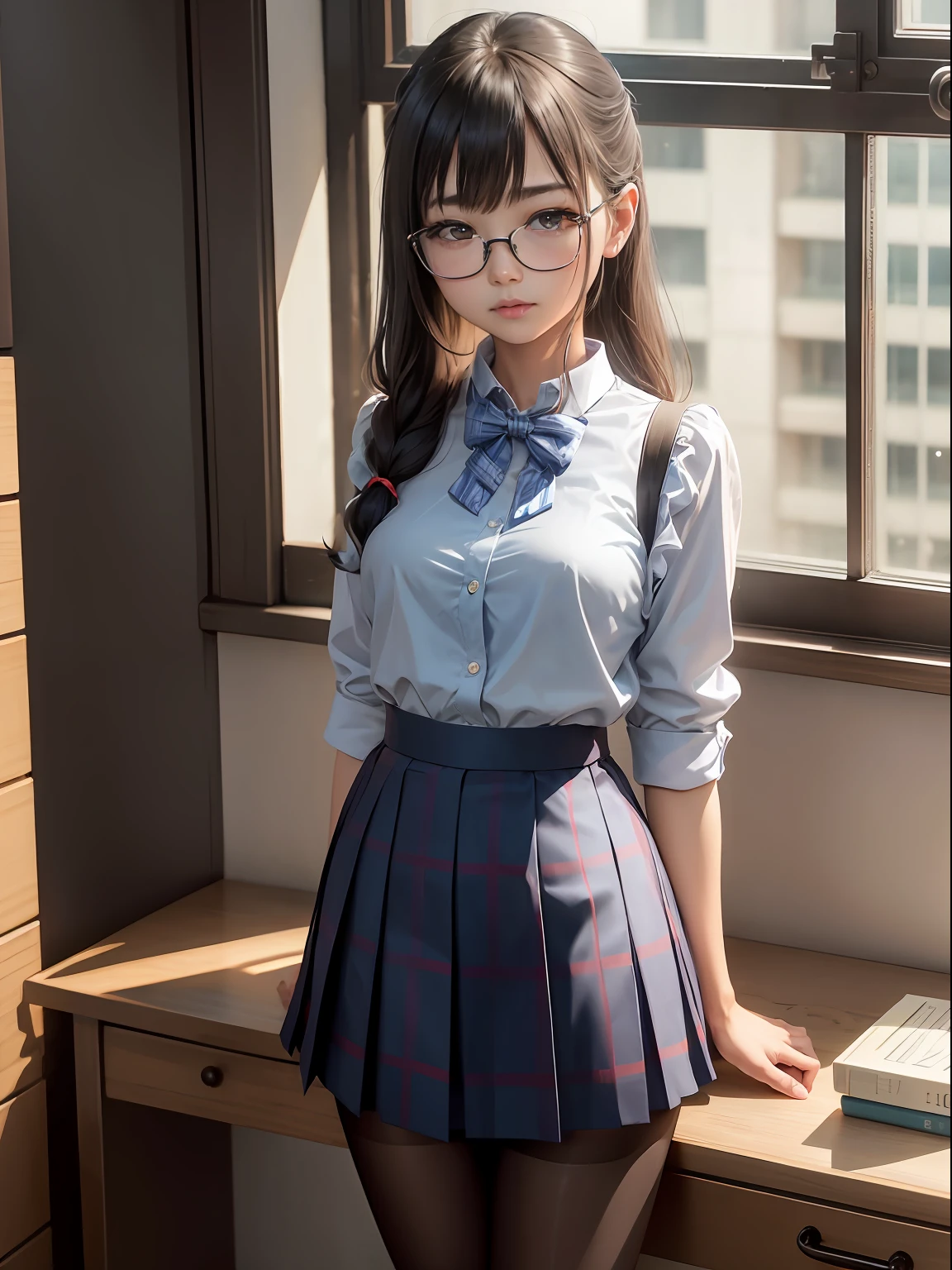 （8K、Raw photography、top-quality、​masterpiece：1.2),watching at viewers,Looking at the front,short twintails,Bullish,Muchimuchi,Erotic,Pupils,Light Blue Bra,de pele branca,kne,(Black pantyhose),absurderes,a small face,small tits,flat breast,Parting the bangs from the middle、Forehead visible,(be shy,Tight eyes,glares,Bullish,skinny,Rasping,irate)、​masterpiece,top-quality、超A high resolution,Raw photo,ren,Beautiful fece,One Person, 独奏,eye glass,,Small breasts,fullllbody,Round glasses、cute little、Back to Student,JK school uniform,hi-school girl,A Japanese Lady,is standing,（Photorealsitic：1.37）、Photon mapping,Realistic、Cute little face,Brown-eyed、Black socks、(Red bow tie)、Radio City、Physically Based Rendering、Foreground、depth of fields、Blurry background、a picture,The girls、Body,beauty legs, Long legs, Thin leg,Tie your hair into one strand on your chest,(Bangs are visible), hair, s lips, Blue_The eye, nosesoft,(Light blue shirt), (Navy and blue and white plaid pleated skirt), Knees are visible,Sheer clothing,, Thigh, Black cotton socks,Nogizaka Idol, 女優, Japanese ido