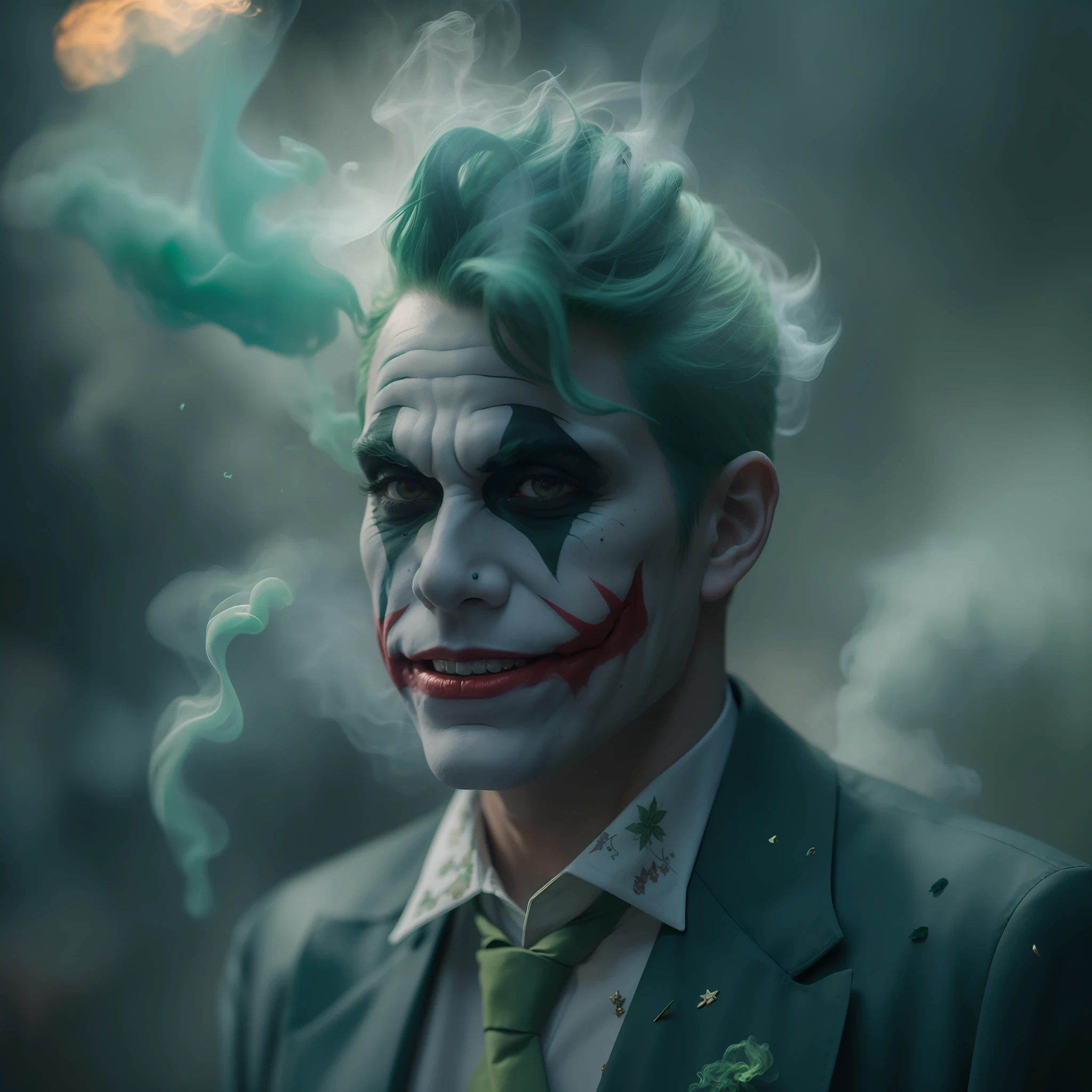 escuro e sombrio, 8k, an up-close photo of the green-haired joker with green smoke bombs behind him,
Textura realista, dynamic compositing, Fujifilm XT3, 85mm F1.2,
1/80 velocidade do obturador, Bokeh, Alto contraste