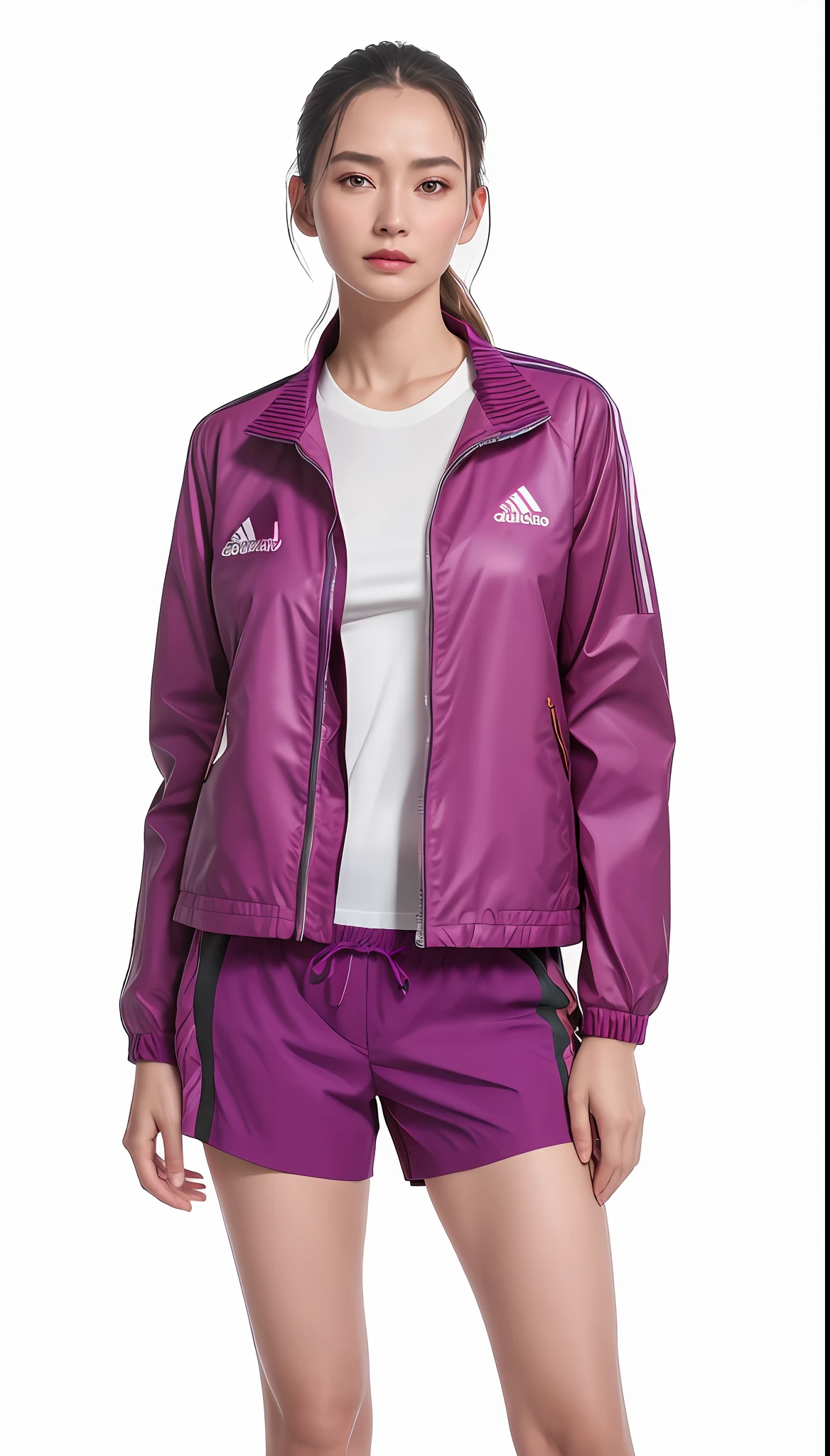 a woman in a purple jaqueta and black pants posing for a picture, roupas esportivas, roupas esportivas, purple jaqueta, capa de chuva roxa, Vestindo um moletom rosa, vivid and vibrant, garota de capa de chuva, sports jaqueta, in tennis coat, encapuzado, garota usando moletom, tennis wear, vibrant and dynamic, fuchsia skin, vibrant and vivid, jaqueta