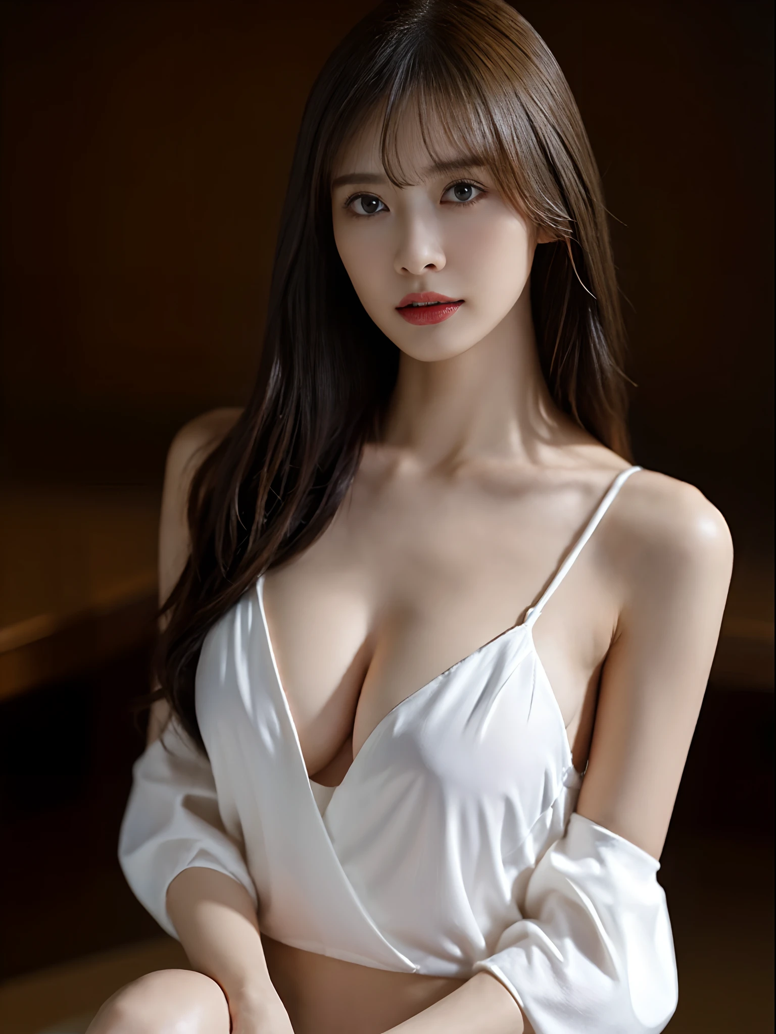 ((top-quality、8K、masuter piece:1.3))、1 female、 Beautiful girl emphasizing slender abs:1.3、 爆乳:1.2、 Pose Seductive、 Sexually seductive facial expressions、 Open your crotch、 that are about to spill、 Red Off-Shoulder、 are visible、 Cinematic lighting、 hyperdetailed face、 High detailed lips、 A detailed eye、 二重まぶた、(Erect nipples)