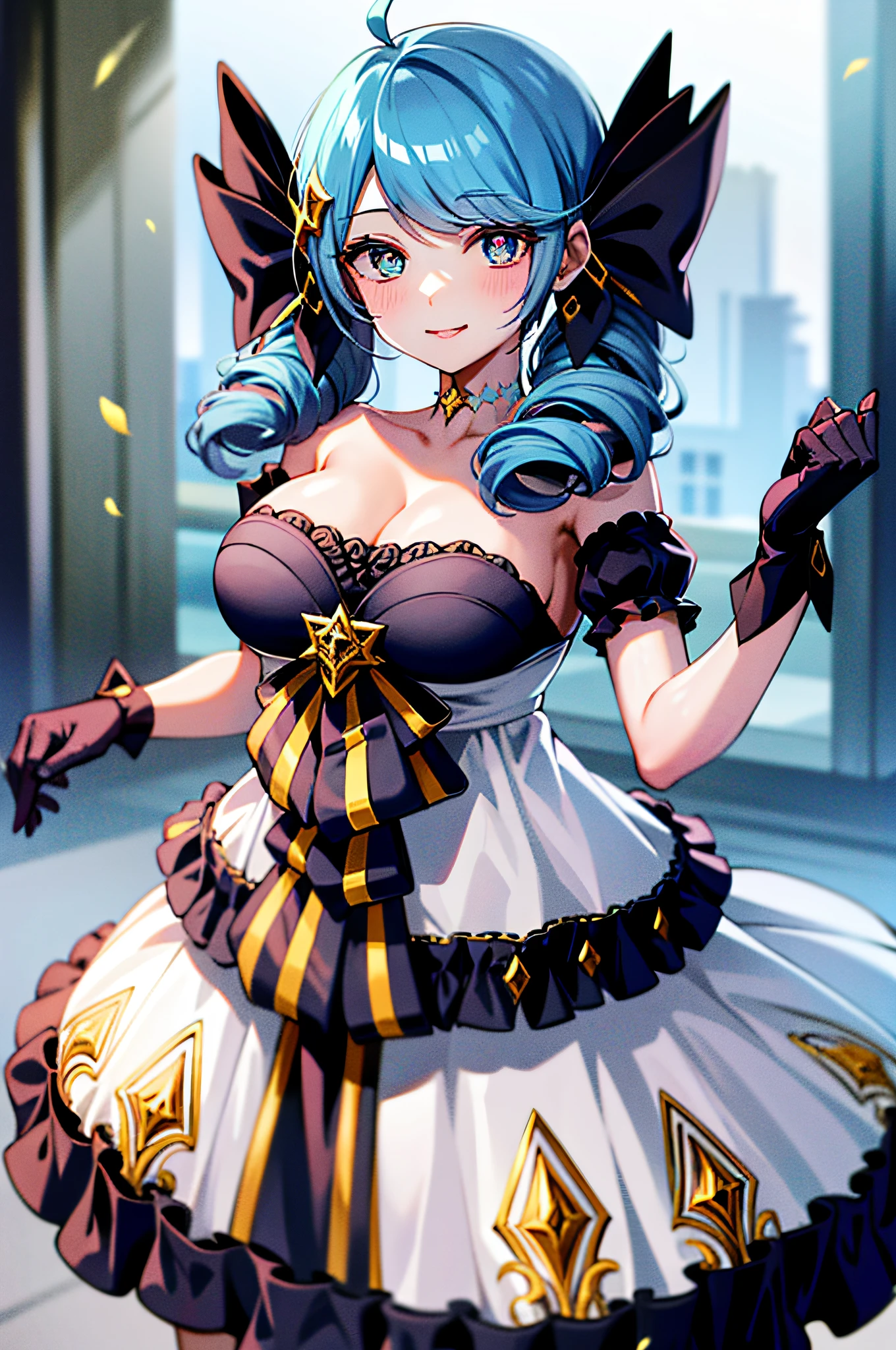 1girll, absurderes, Black bow, Black gloves, black sock, Blue eyes, Blue hair, bow, 鎖骨, dress, Drill hair, frill dress, frilld, mitts, Gwen \(League of Legends\), hair adornments, A high resolution, League of Legends, Long hair, parted lip, Puffy sleeves, Pink pupils, Smile, Solo, White dress, X, 10th Hair Accessories,Large breasts,