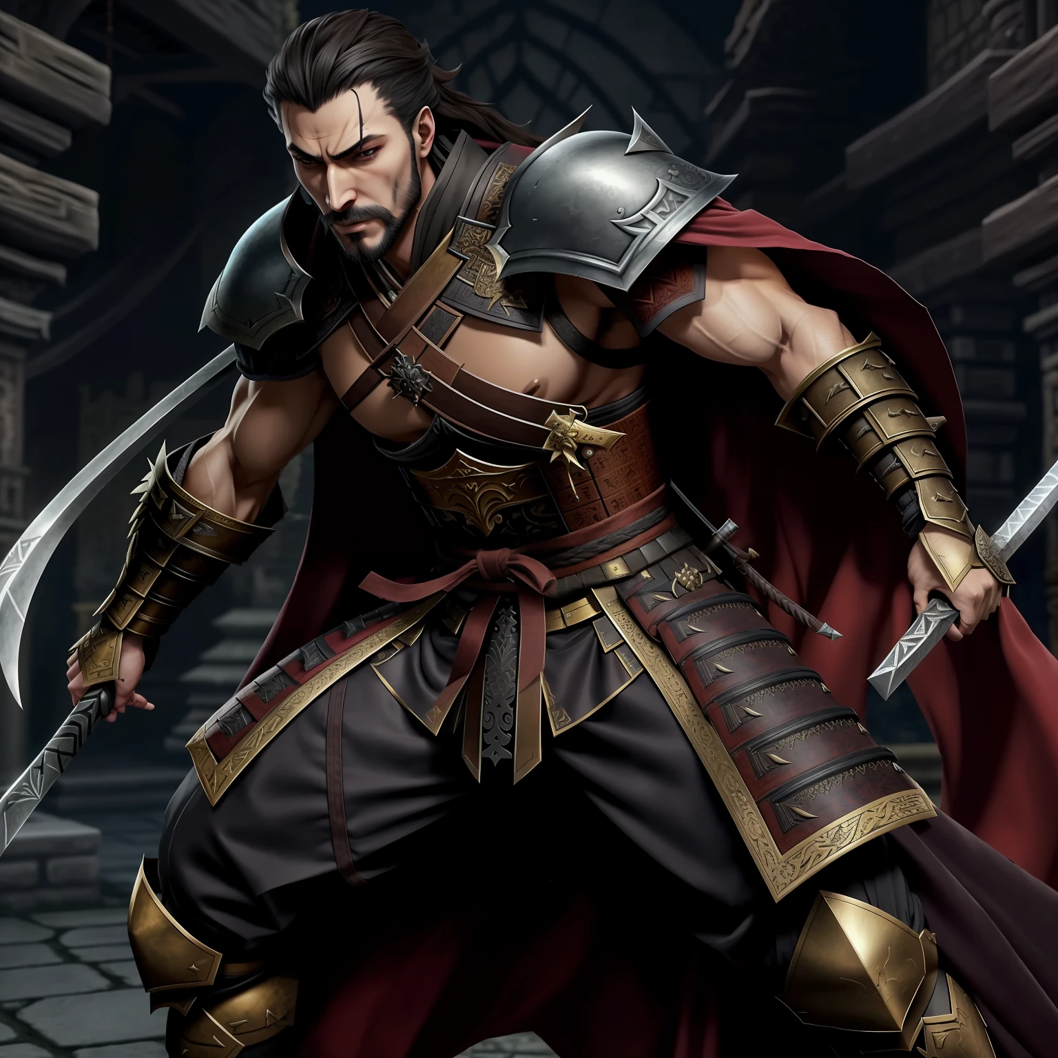 Samurai Castlevania Lord of the shadows bald beard handsome muscular full moroccan Armor hyper realistic super detailed Dynamic poses