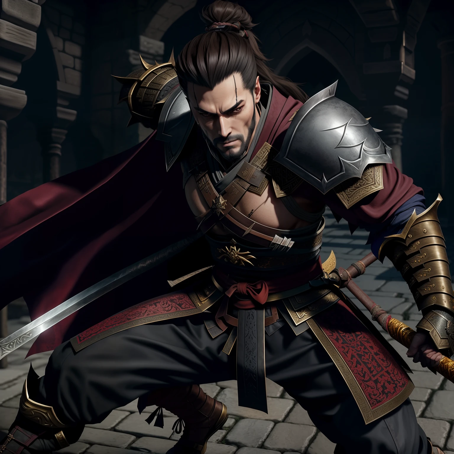 Samurai Castlevania Lord of the shadows bald beard handsome muscular full moroccan Armor hyper realistic super detailed Dynamic poses