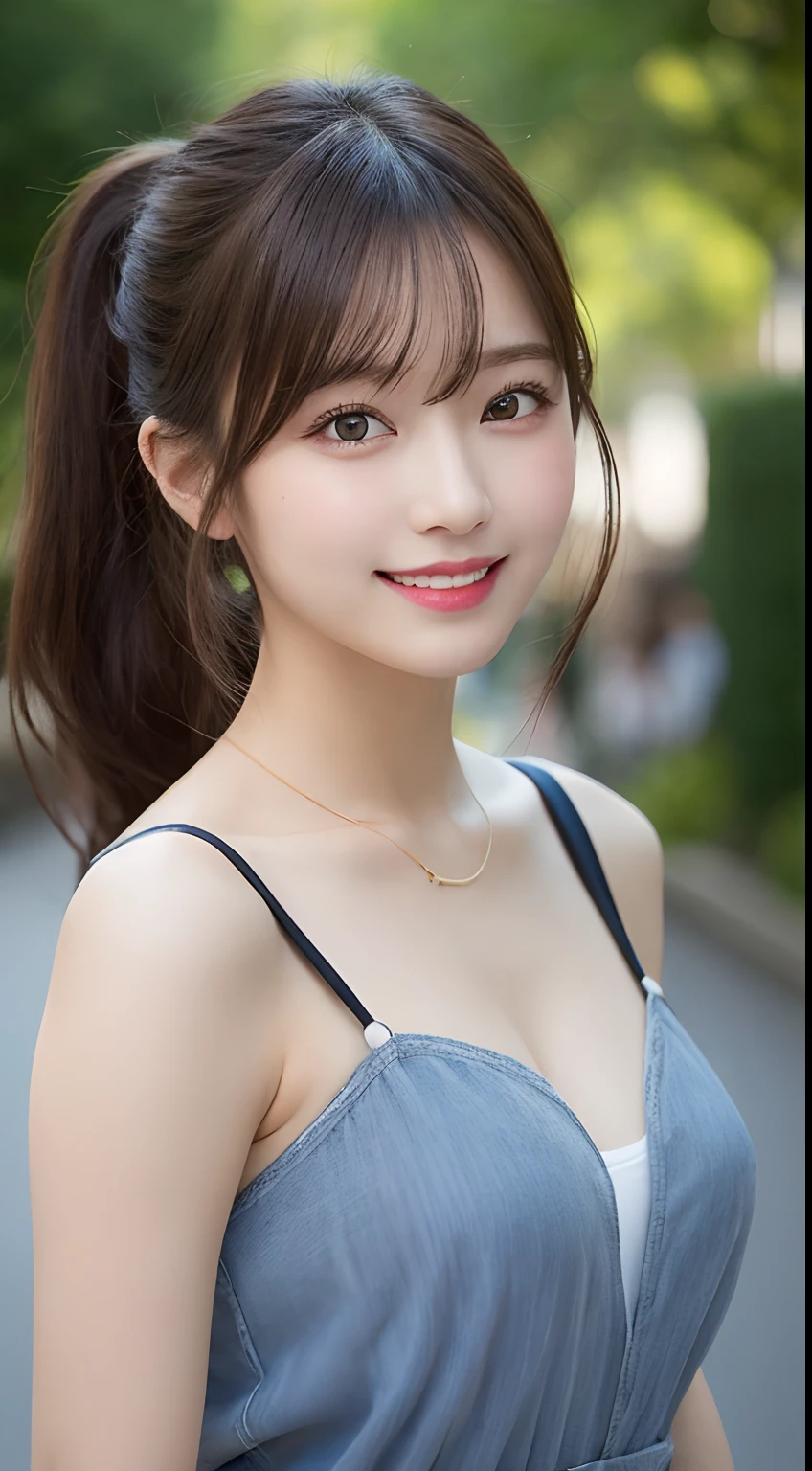 (masterpiece:1.3), (8K, Photoreal, Raw photo, best image quality: 1.4), japanese girl、、(ponytail:1.2)、(Tie your hair with a scrunchie or ribbon:1.2)、super detface、eye for details、double eyelid、huge breasts、sharp fo、(cute woman:1.4)、light brown hair、bangs、highest quality、Super high resolution、(Photoreal:1.4)、Highly detailed and professionally lit smiles、(super detailed sexy bra:1.4)、thin、smilong hair、upper body portrait