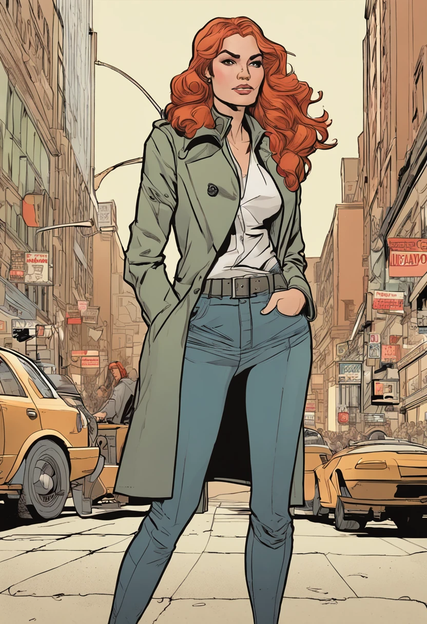 Close-up of people in trench coats and jeans, official character art, official character illustration, adam hughes, character art closeup, Women researchers, full body portrait of jean grey, detailed character art, detailed character portrait, Comic book cover art by Phil Noto, Anya, Spy x family, full-colour illustration, heroines, Dinah Drake, detective clothes