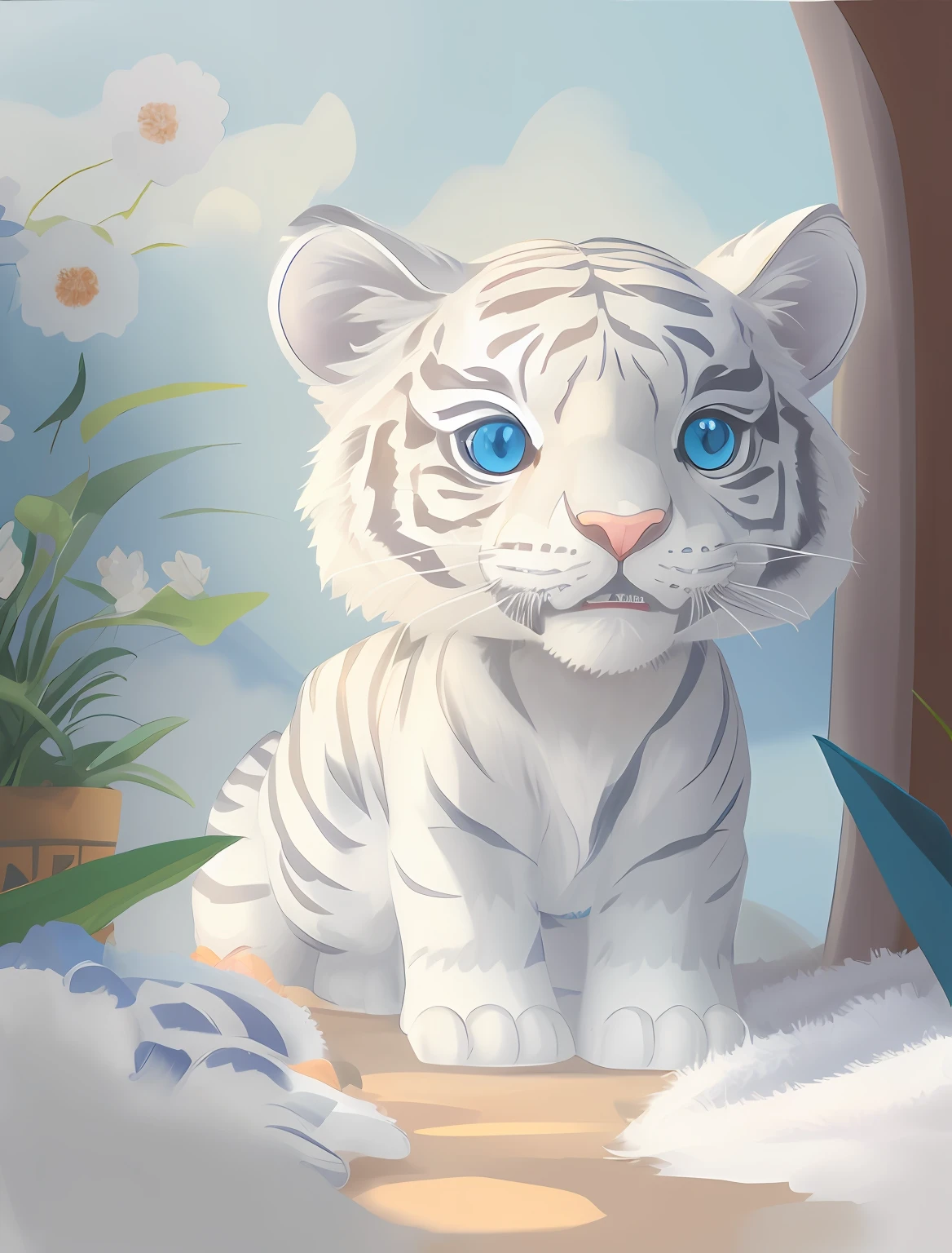 A white tiger,blue colored eyes,adolable,Illustration of 2D,Cute and quirky,is smiling happily,friendliness