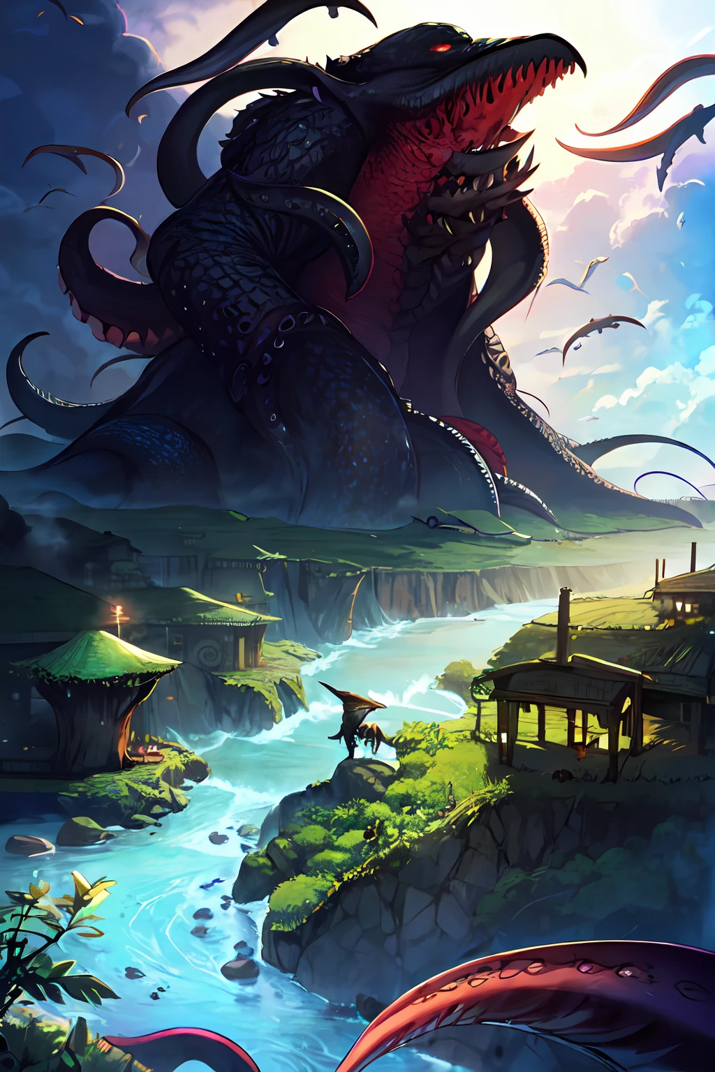 Cthulhu,Monster,Fish,tentaculata，Dark forest，Recife，Small rivers，Flocks of crows，Thick black smoke