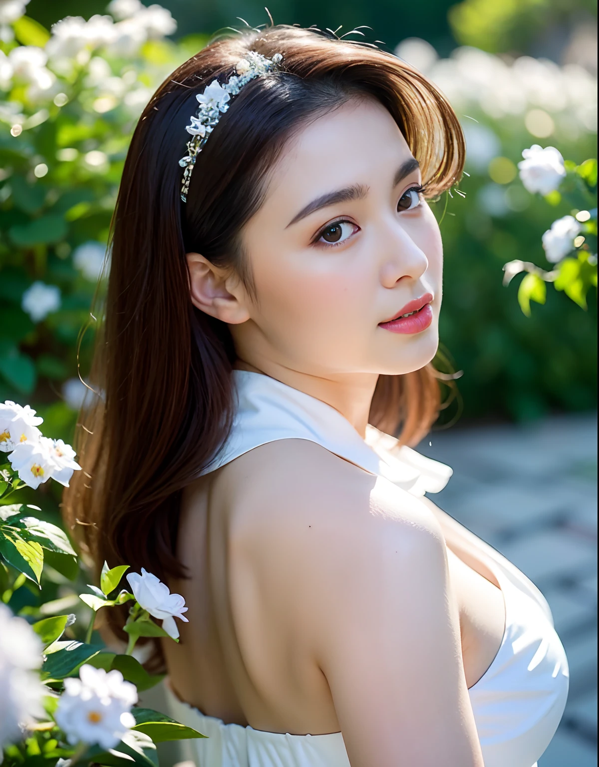 (Best quality, masterpiece: 1.2), portrait, breasts, outdoors, a 25-year-old woman named Yiping in the garden: 2, white thin summer long dress, light blue flowers in the background mess: 1.3) Same character, different costume, different angle, backlight: 1.5, rich skin details: 1.5,