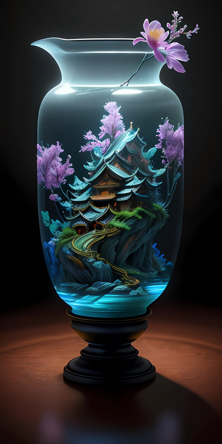 best quality, realistic, photorealistic,  ultra detailed, "Mountain of Flower and Fruit+Fairy+Chinese Architecture" highly detailed carving on "southern ice" porcelain,Ultra wide angle,Accent Lighting,Volumetric Lighting,backlighting, (detailed light),((an extremely delicate and beautiful)),dramatic_shadow,ray_tracing,hdr