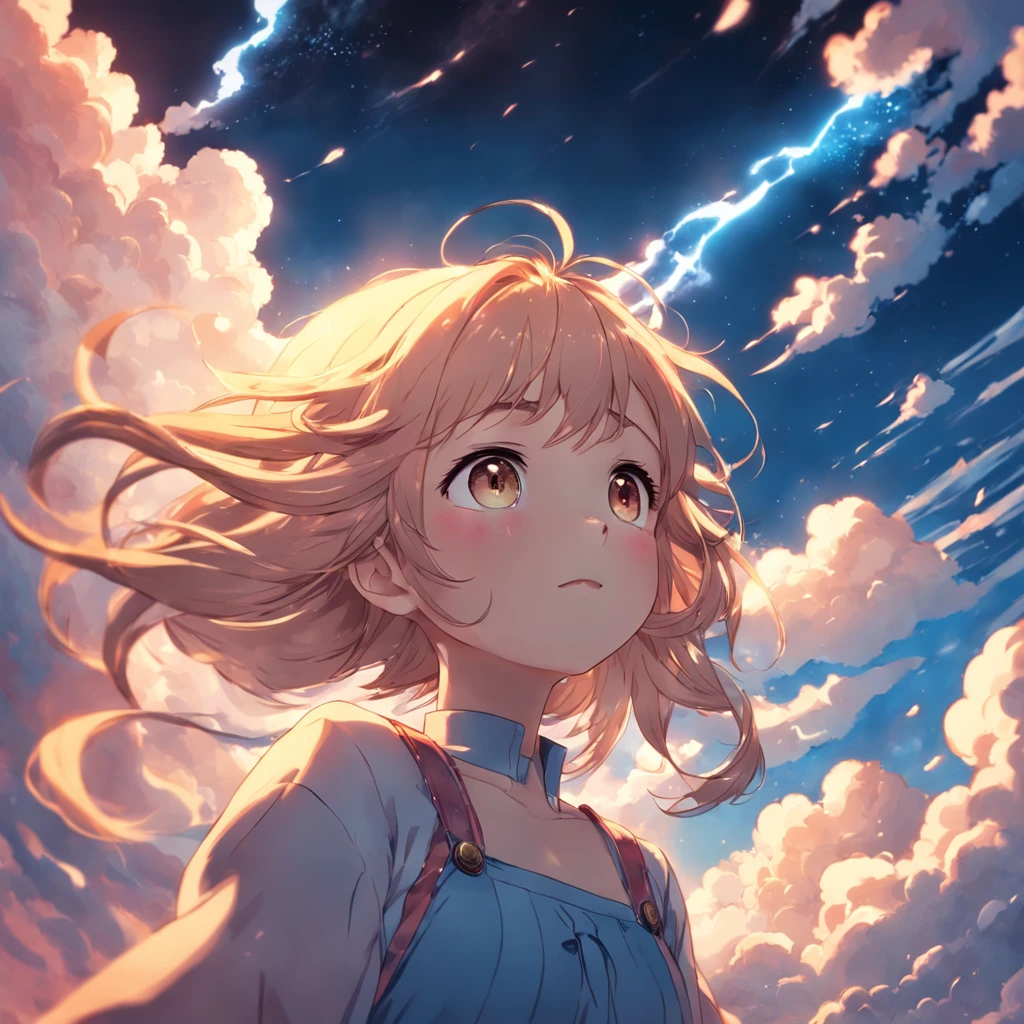 masterpiece, best quality, movie still, 1girl, cloud girl, floating in the sky, close-up, bright, happy, warm soft lighting, sunset, (sparks:0.7)