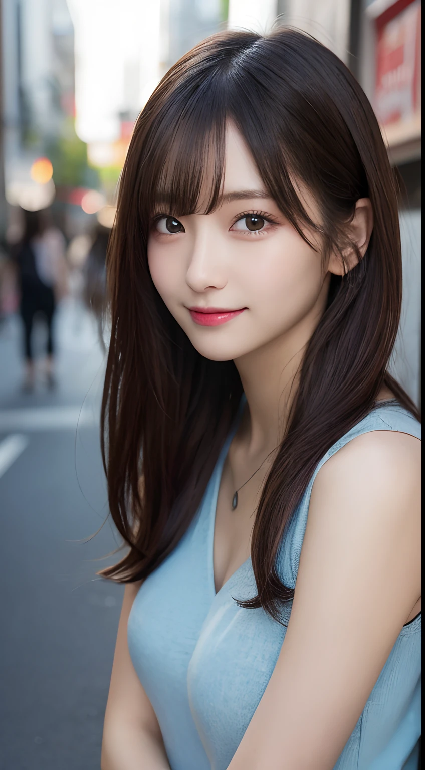 A close up of a woman with long hair and a blue dress - SeaArt AI