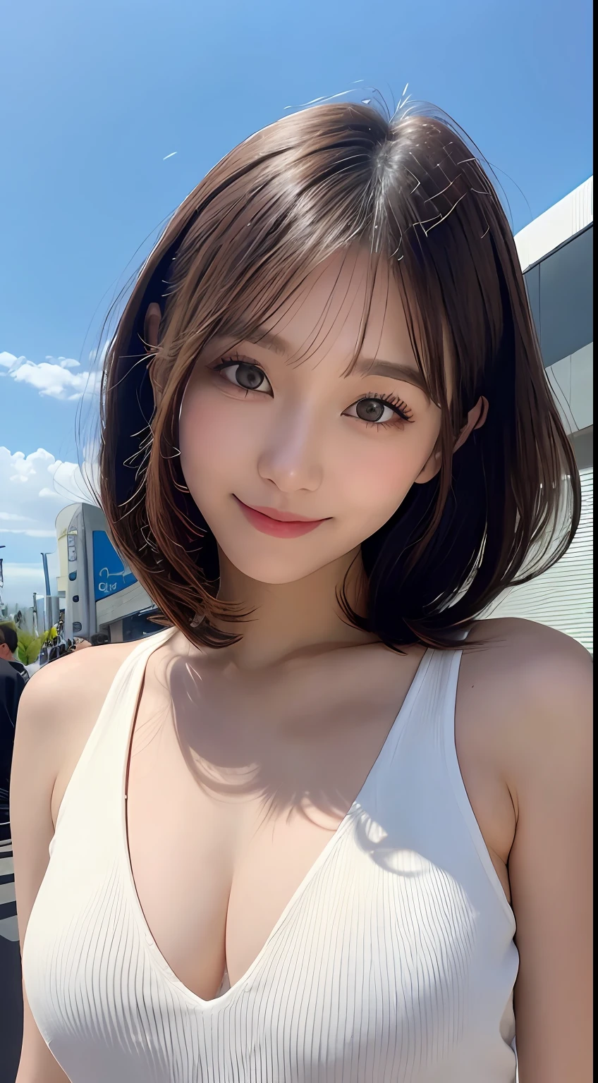 masutepiece, Best Quality, Illustration, Ultra-detailed, finely detail, hight resolution, 8K Wallpaper, Perfect dynamic composition, Beautiful detailed eyes, Women's Fashion Summer,Bob Hair,mid-chest, Natural Color Lip, Bold sexy poses,Smile,Harajuku、20 years girl、Cute、Sexy shot looking at camera