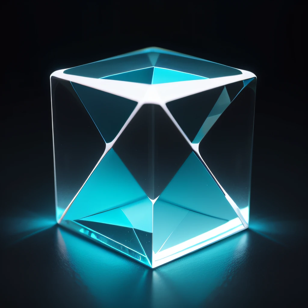 Perfect centering，Overlooking，left right symmetry，Clear glass cube，Tech Style，cyan colors，white backgrounid