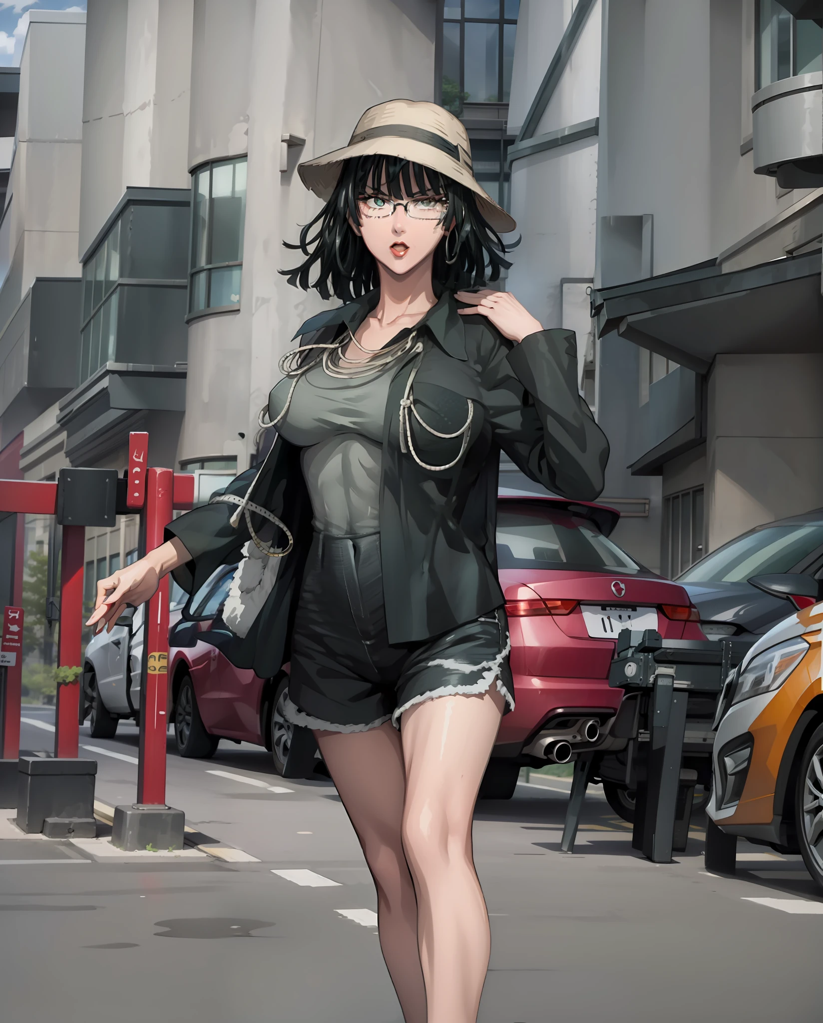 Girl, red lips, big nose, big tits, glasses, shorts hair, black hair colors, wearing earrings, wearing a necklace, fair skin, gray bucket hat colors, long sleeve levis shirt, white shorts tank top colors, short black pants, sexy body, sexy girl, stand pose, elegant pose, beautiful girls, in outdoor, urban background, realistic, looking forward, five finger in hand, straight finger in hand