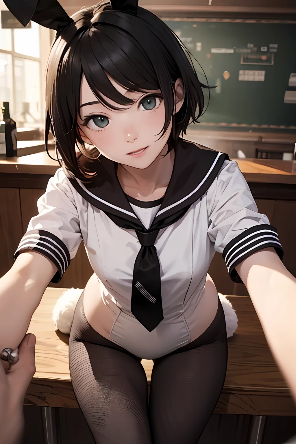 ((masterpiece,best quality)), highres, extremely detailed 8K wallpaper, depth_of_field, best shadow, (Colorful),(Delicate eyes and face), nice hand, Perfect hands, volumatic light, Ray tracing, BREAK
(1girl in), mogami \(kancolle\), black hair, short hair, black eyes / green eyes, swept bangs, small breasts, slender, skinny, open mouth, smile, blush, BREAK,
(wear white school uniform top over black playboy_bunny leotard:1.3), (sailor collar:1.5), (red tie:1.3), (white fake animal ears), (Parted clothes at the top and bottom:1.2), (short sleeves:1.1), (black BunnyGirl Costume:0.8), (fishnet stockings:1.2), High heels, (rabbit_tail:1.2), BREAK,
Cowboy Shots, Looking at Viewer, stomach focus, inside the bar, Ultra detailed backgrounds,