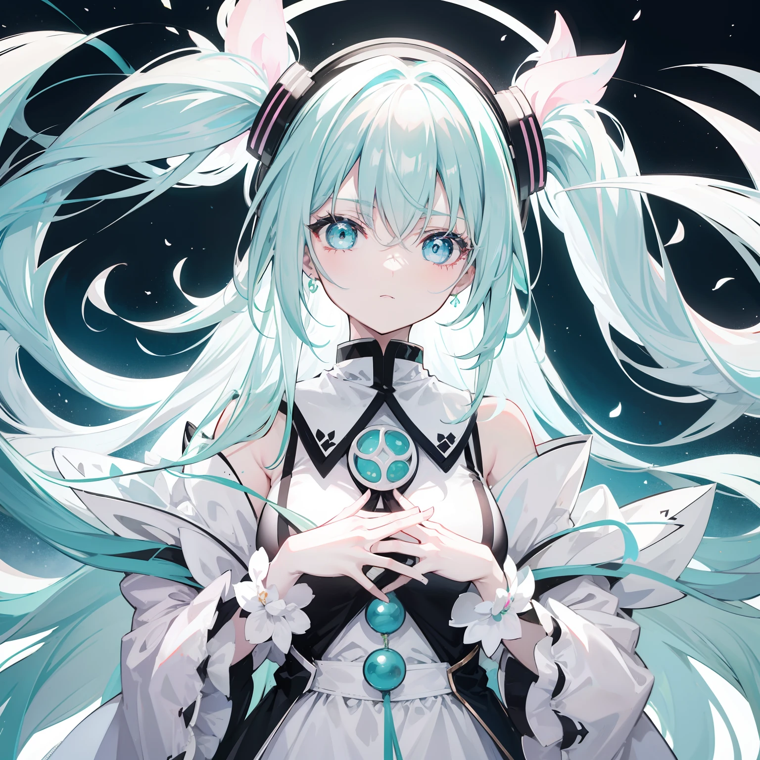 Long light pink green hair，light blue  eyes，High black and white lotus-shaped collar，Black and white clothes，Cool and cute soft girl