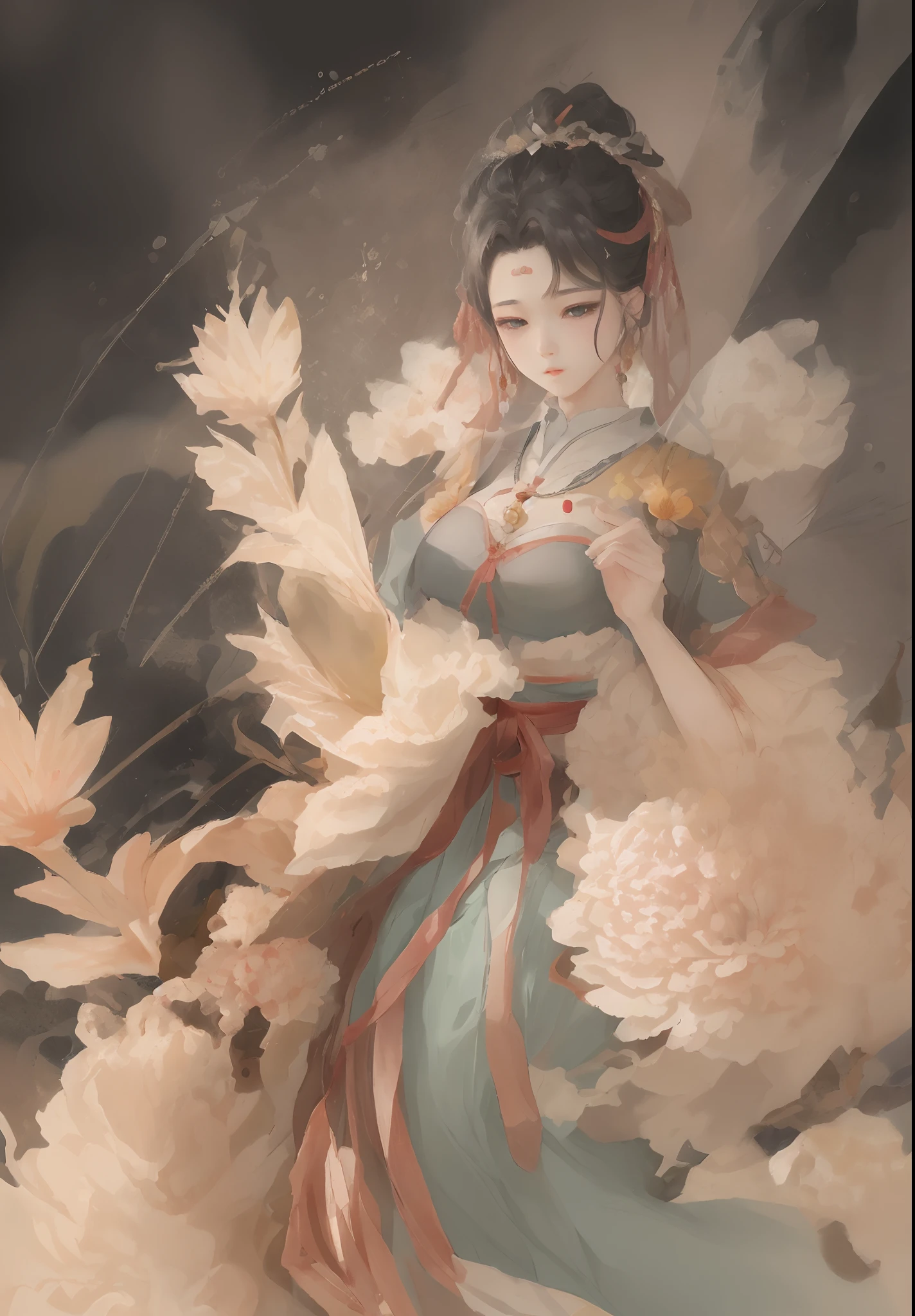 -yeld giin the flower season,greyt hair、Green eyes,Wearing a blue and white cheongsam dress,Hair ornaments jasper、Chinese knot at the waist,There is a natural stay、gentleness、meticuloso、gentleness。
